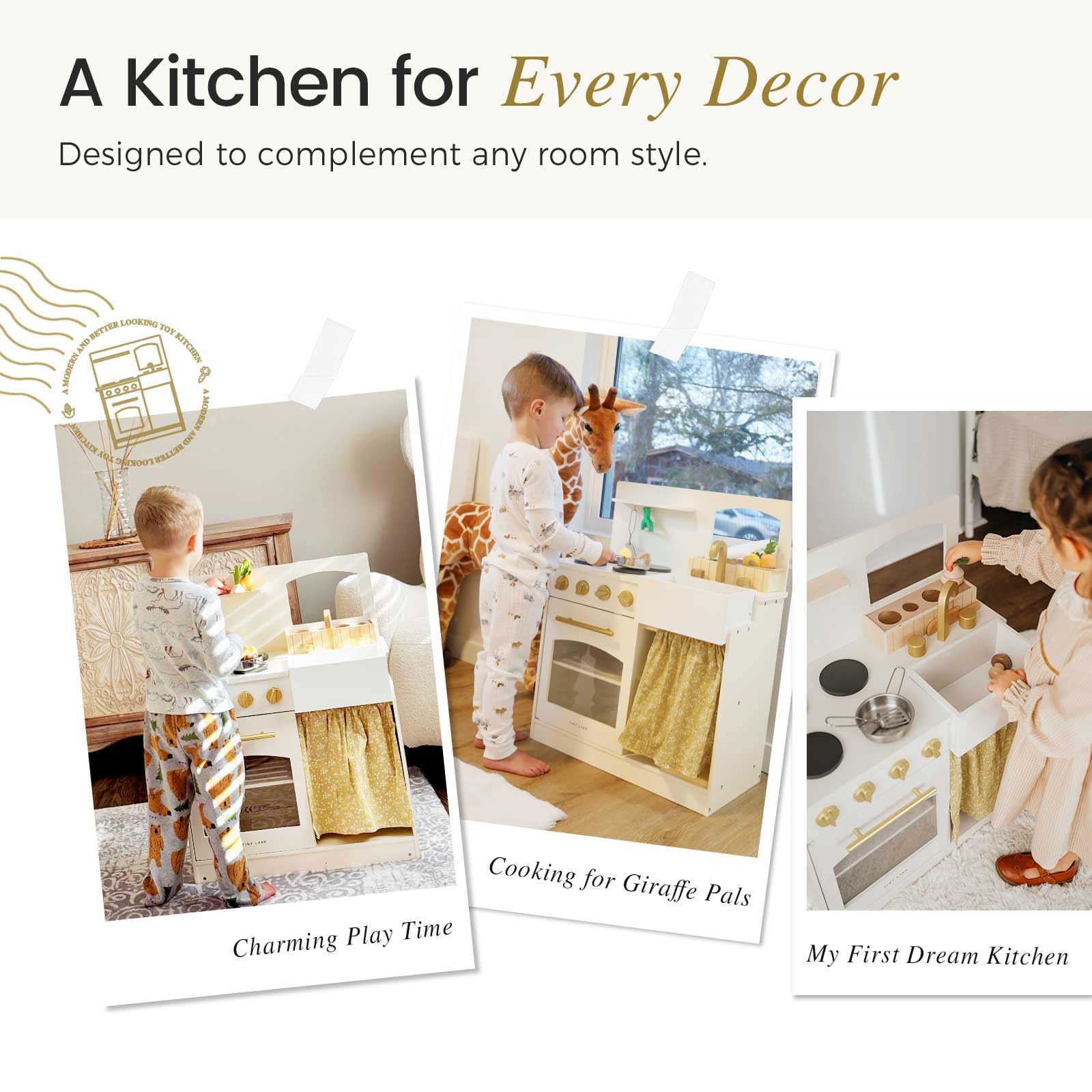 Wooden Play Kitchen for Toddlers with Cutting Food and Cookware