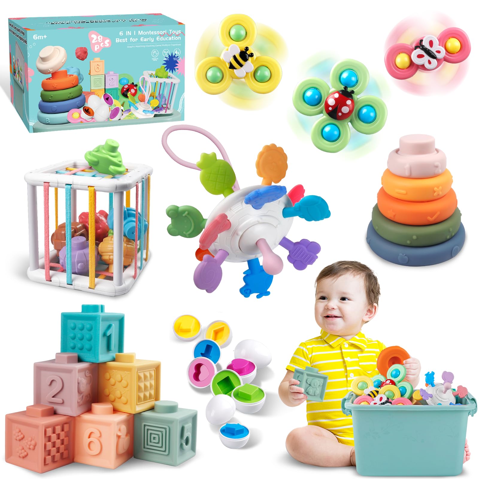 Baby Toys for 6 to 12 Months, Montessori Sensory Bins & Teething Toys, 6 in 1 Stacking Block