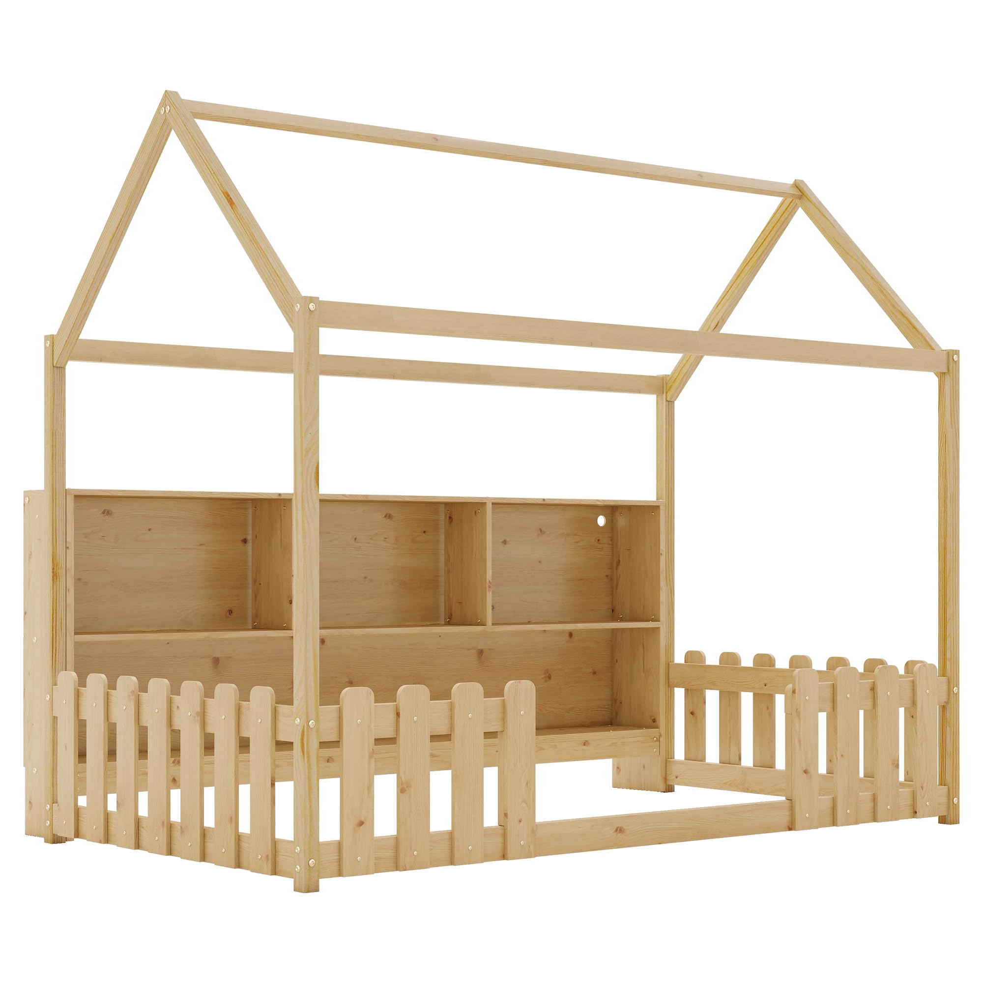 Twin Size House Bed with LED Light, Wood Montessori Floor