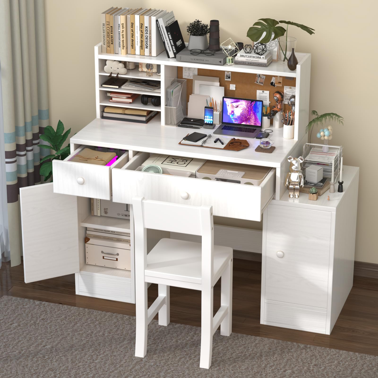 Wooden Kids Desk and Chair Set, 2 Drawers and 4 Storage Cabinets