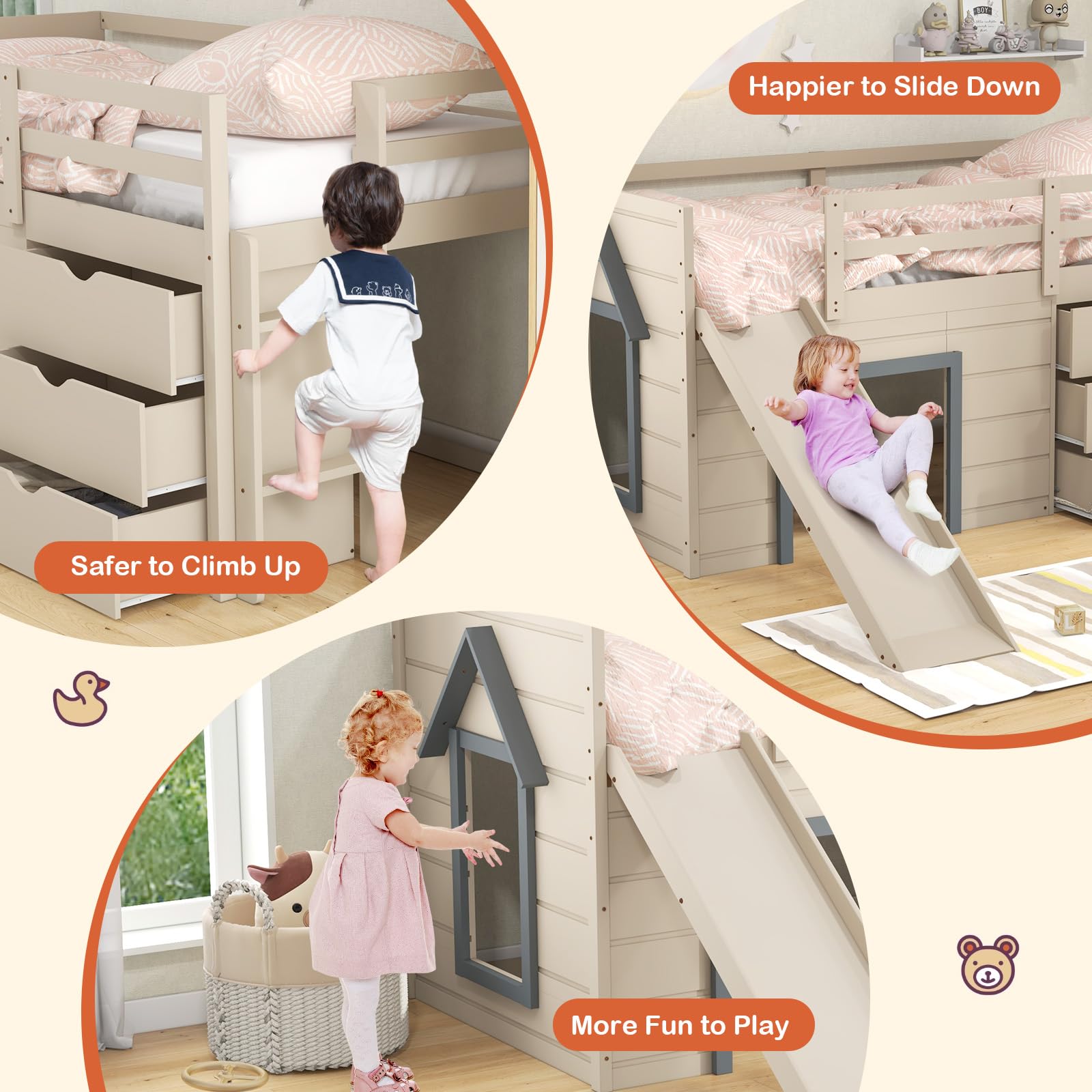 Twin Low Loft Bed with Slide and Storage Drawers