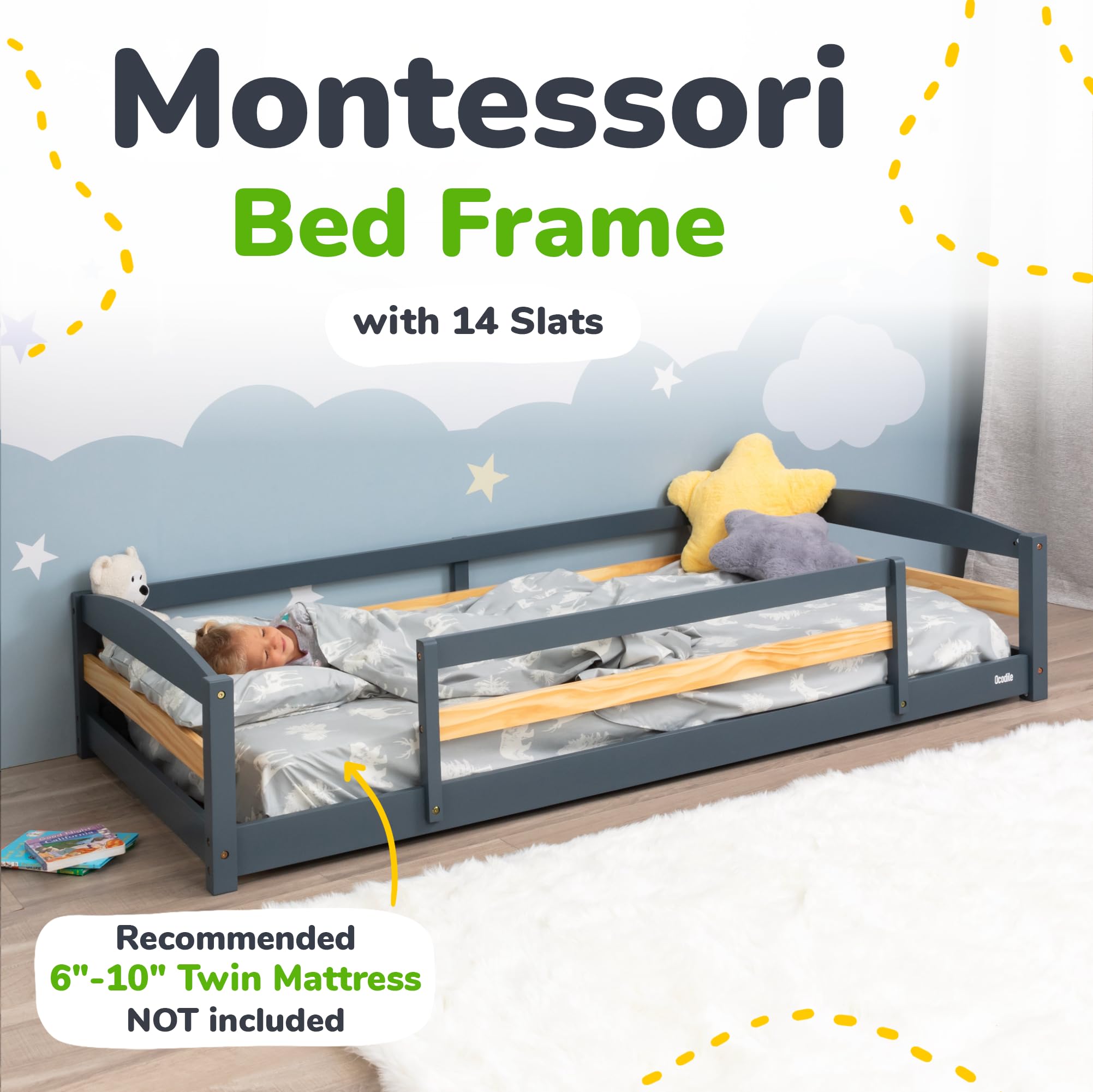 Twin Floor Bed with Safety Guardrails for Kids