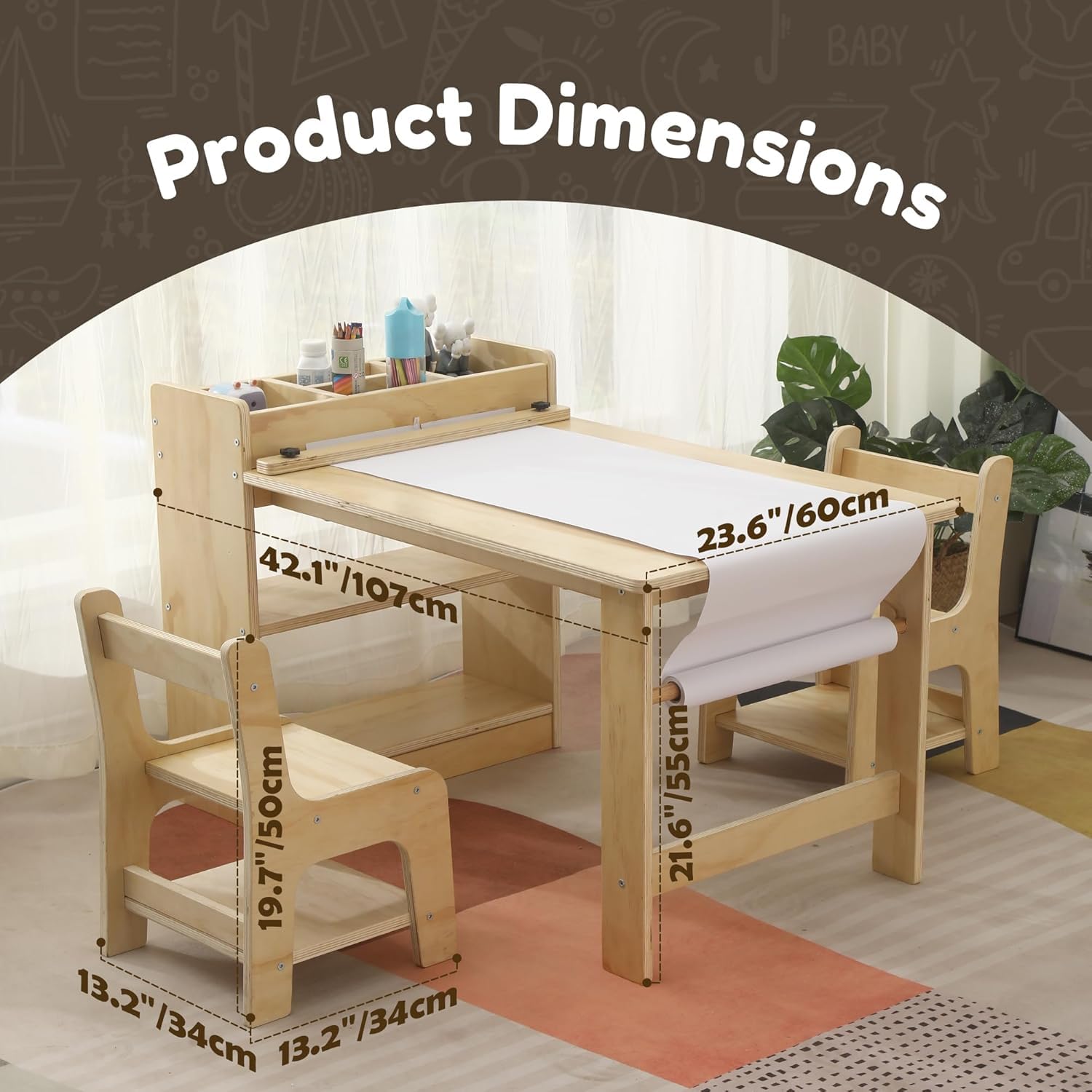Kids Art Table and Chair Set with Storage Shelves