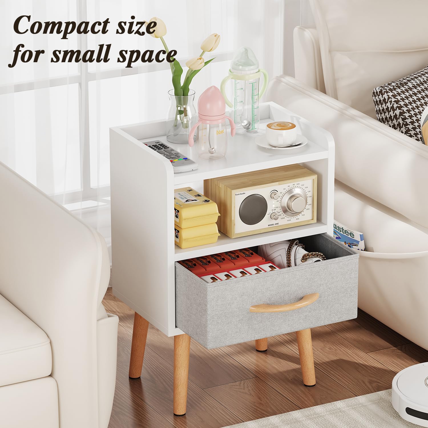White Nightstand with Drawer Mid Century Modern Bedside Table
