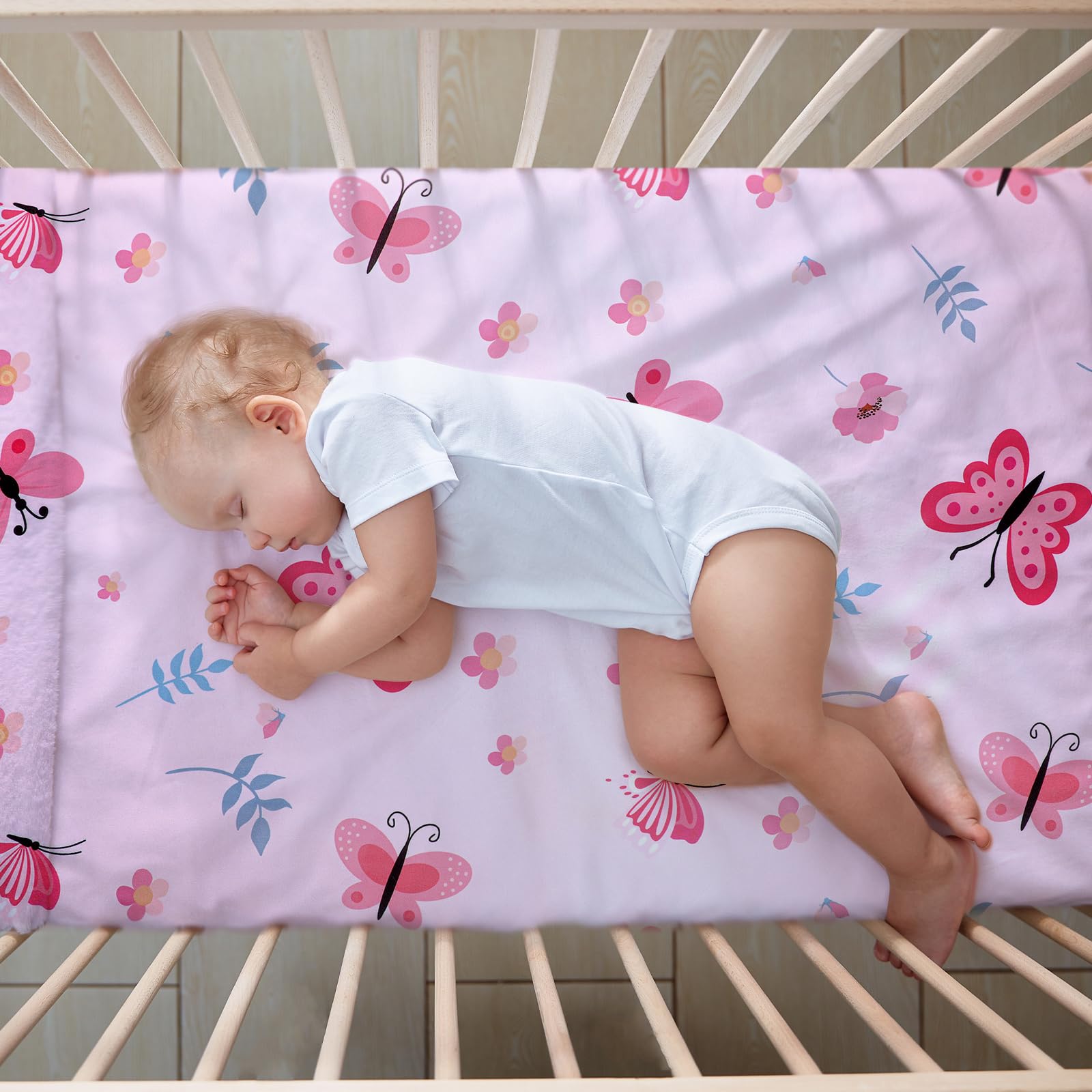 Tudomro 3 Pieces Butterfly Nursery Crib Bedding Set for Girls, Standard Size Bedding Sets with Comforter Fitted Sheet Crib Skirt(Pink)