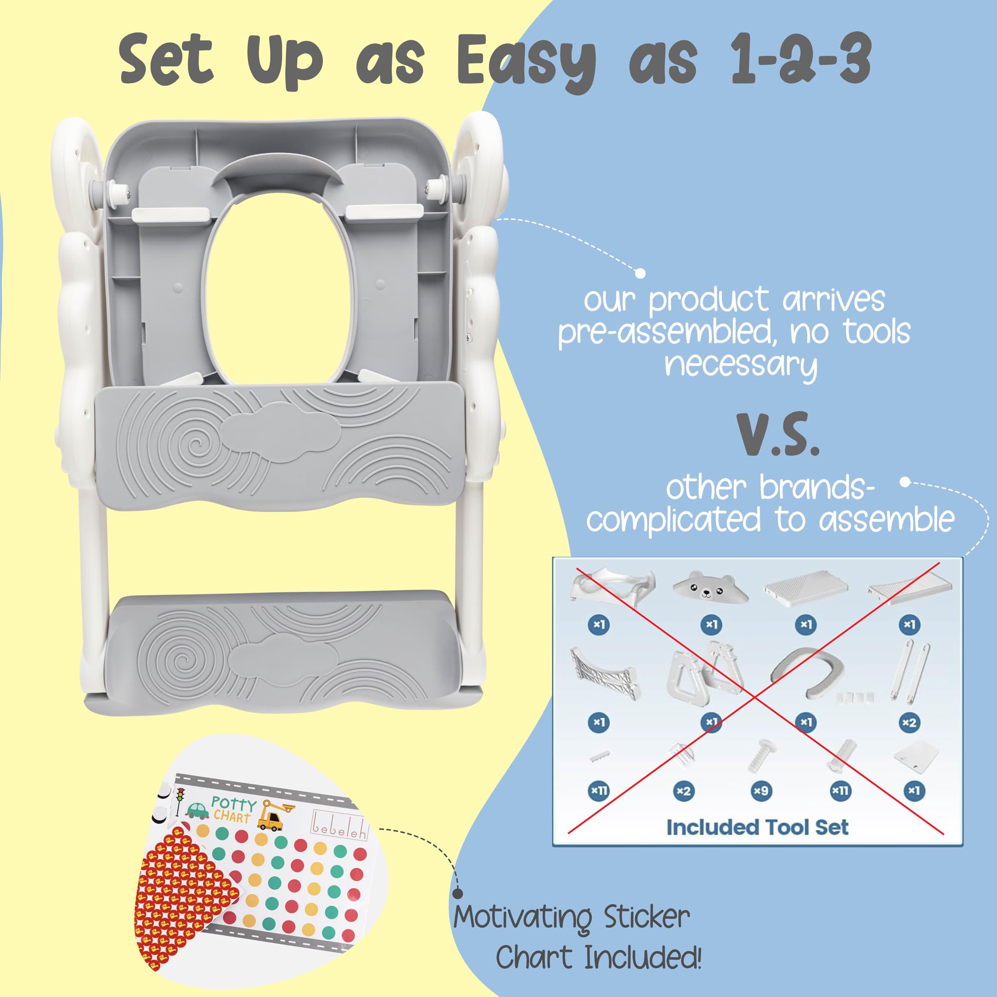 bebeleh Musical & Sound Toddler Potty Training Seat w/Step Stool Ladder - Collapsible & Adjustable Toilet, Pre Assembled Toddler Toilet Seat w/Music & Sounds - Splash Guard & Anti-Slip Steps - Gray