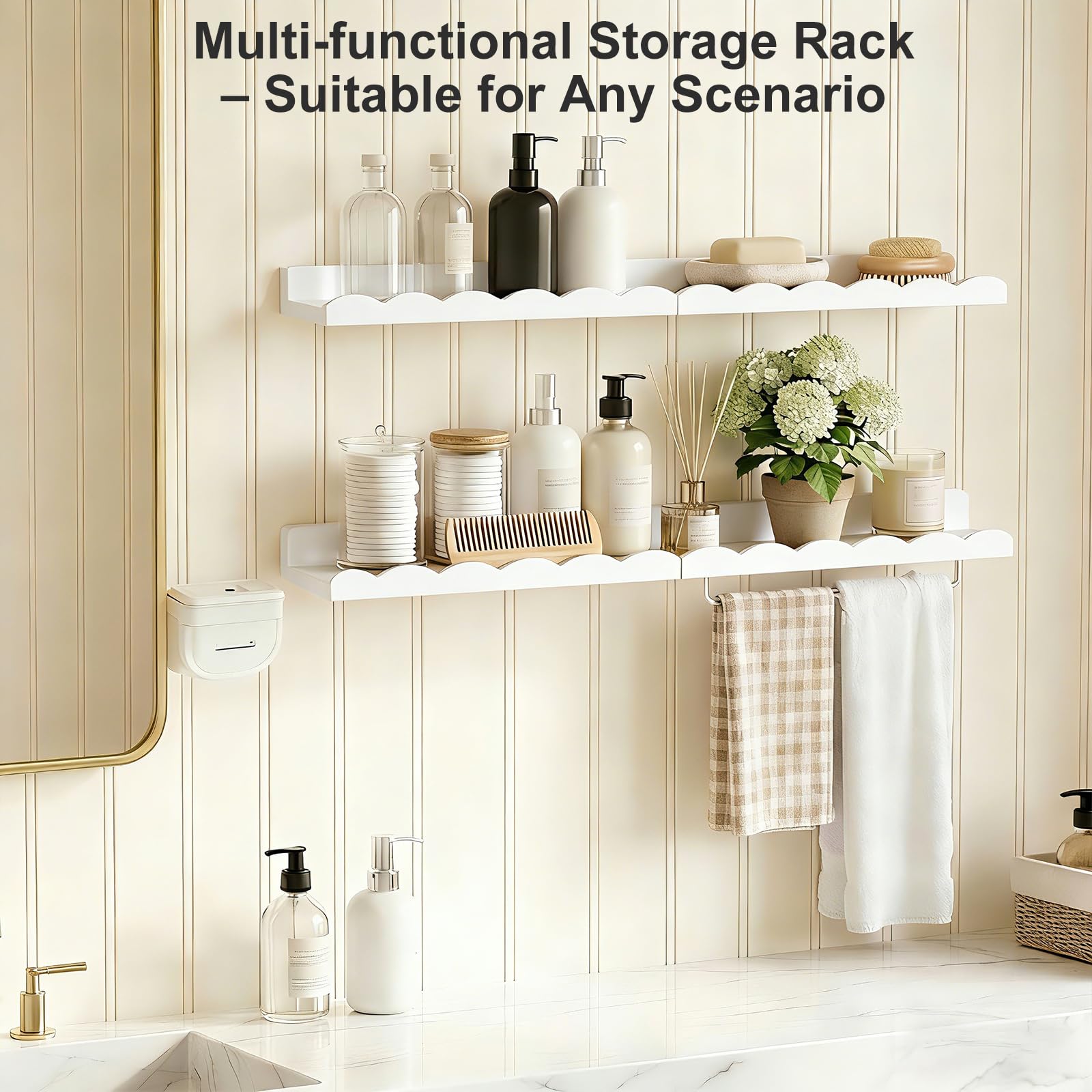 Scalloped Floating Nursery Shelves Set of 4 with Towel Rack
