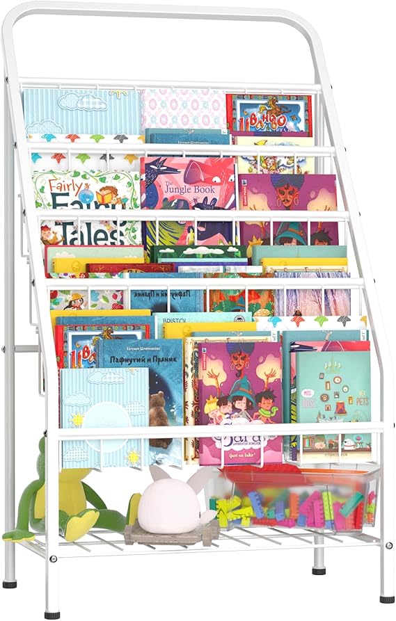 Bookshelf, 4-Tier Metal Child Bookshelves Rack with Toy Storage