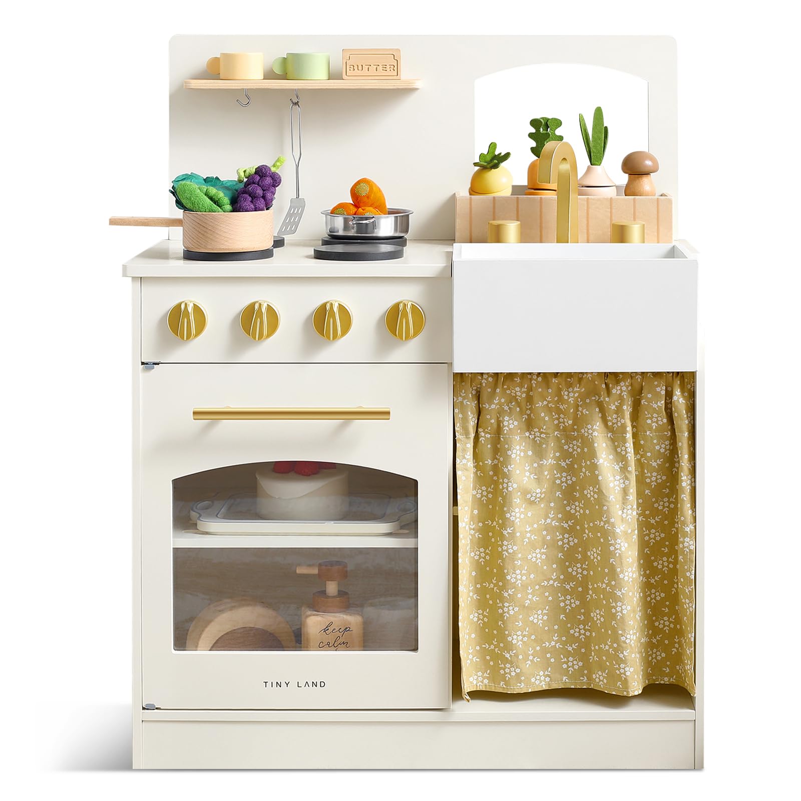Wooden Play Kitchen for Toddlers with Cutting Food and Cookware