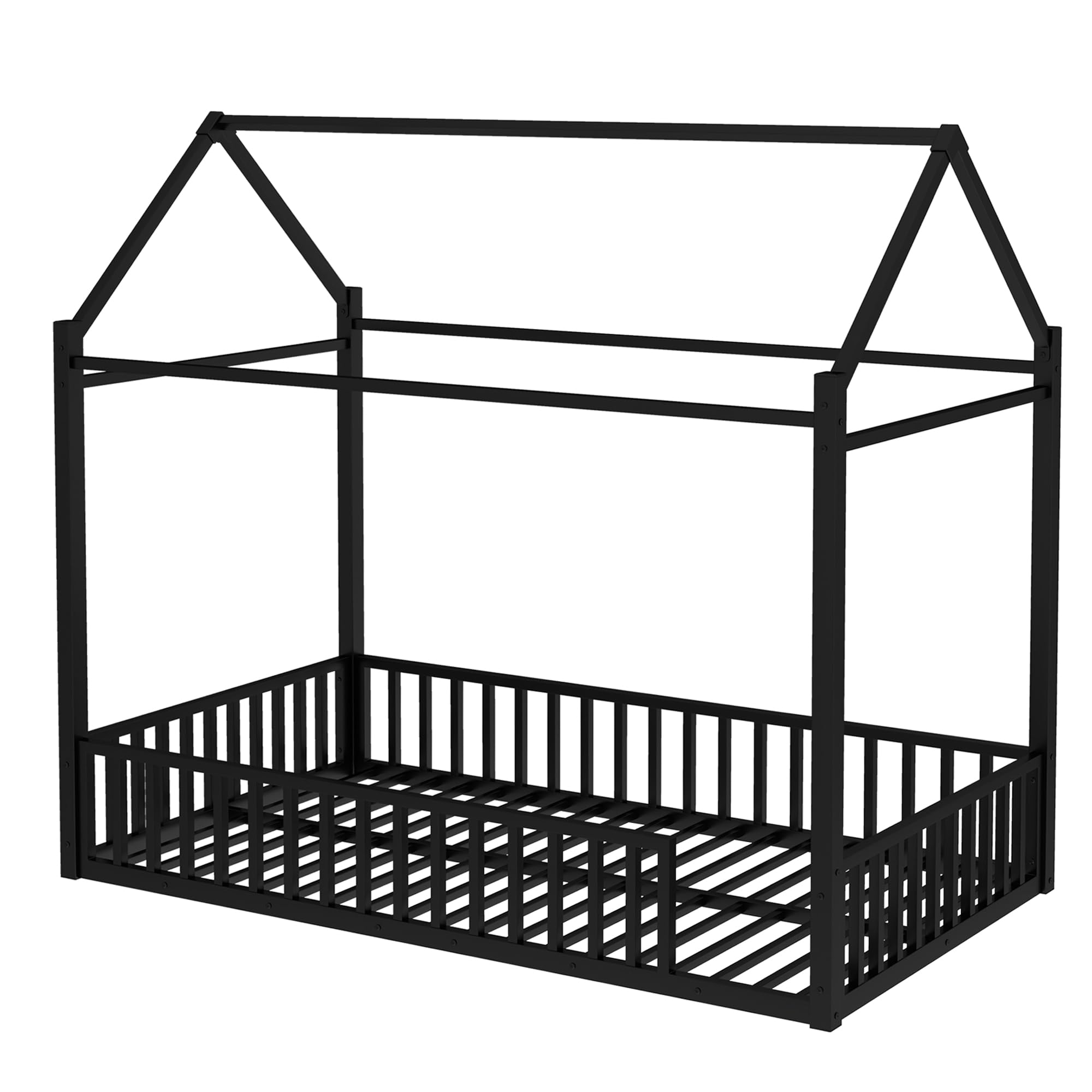 Twin Over Twin House Bed, Metal Floor Bunk Bed with Safety Guardrails and Roof