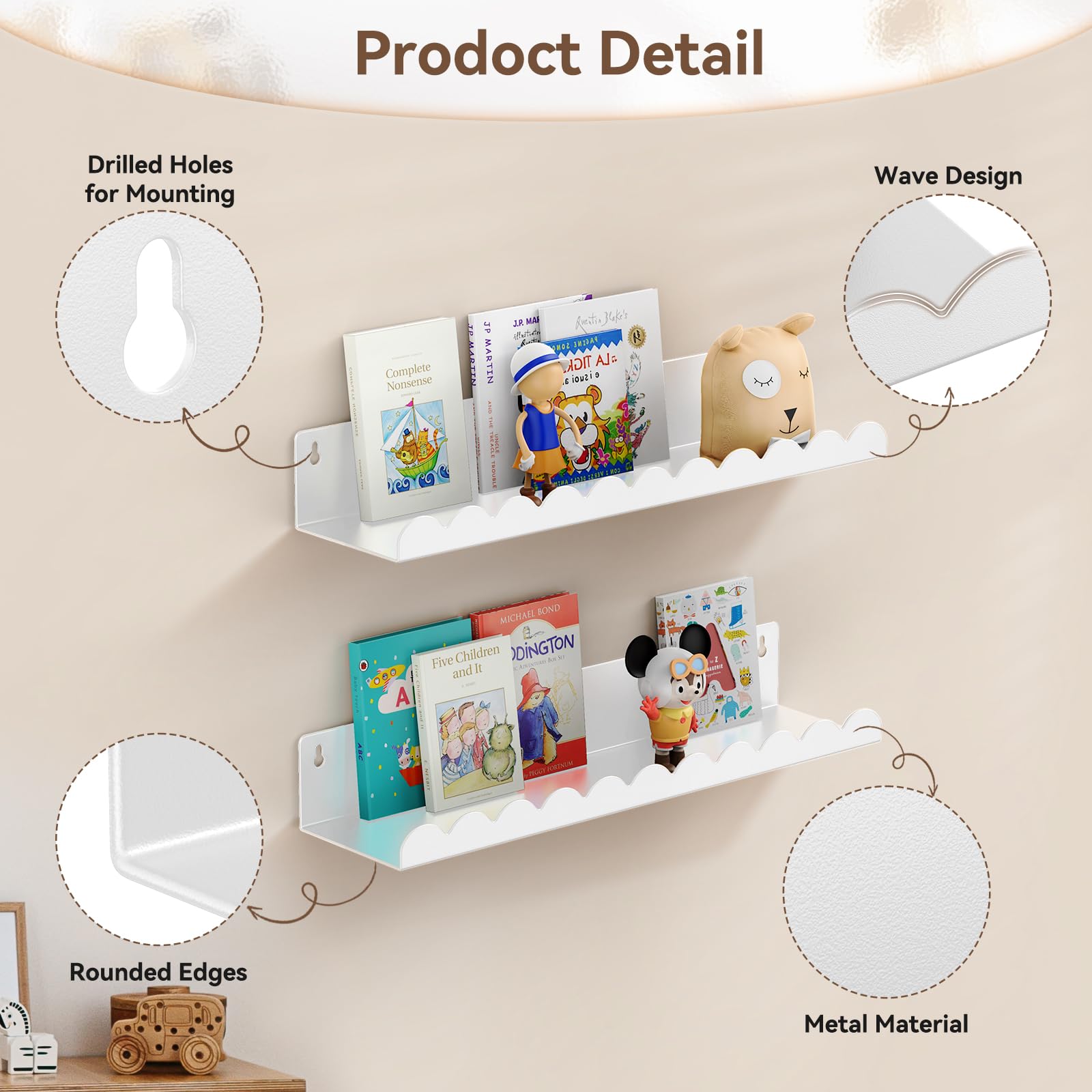 17 Inch Metal Floating Wall Shelves 4 Pack Scalloped Nursery Book Shelf