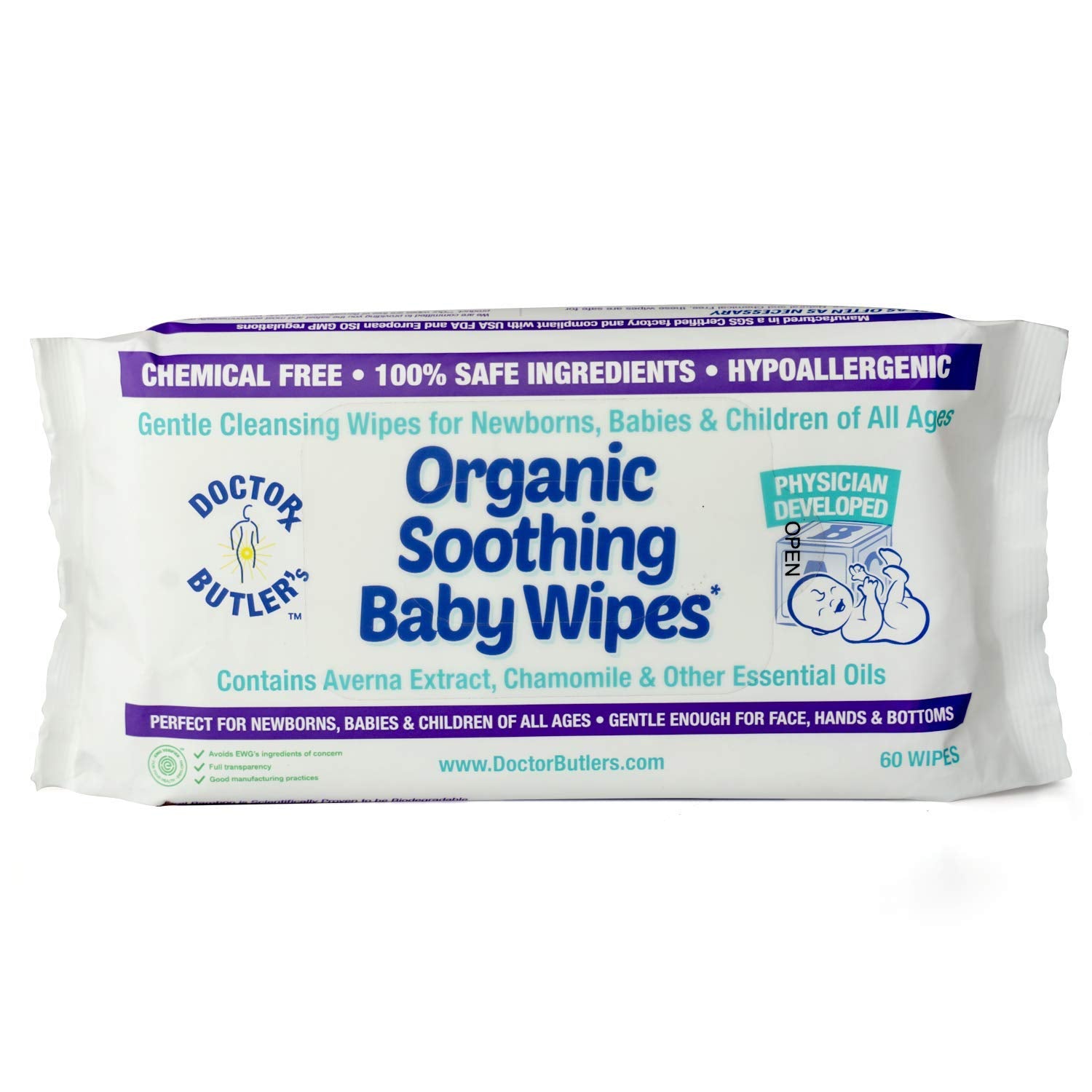Doctor Butler's Organic Baby Wipes - Hypoallergenic & Unscented Baby Wipes, Safe for Baby Sensitive Skin Care, Made with Chamomile & Essential Oils (9pk – 60 Wipes)