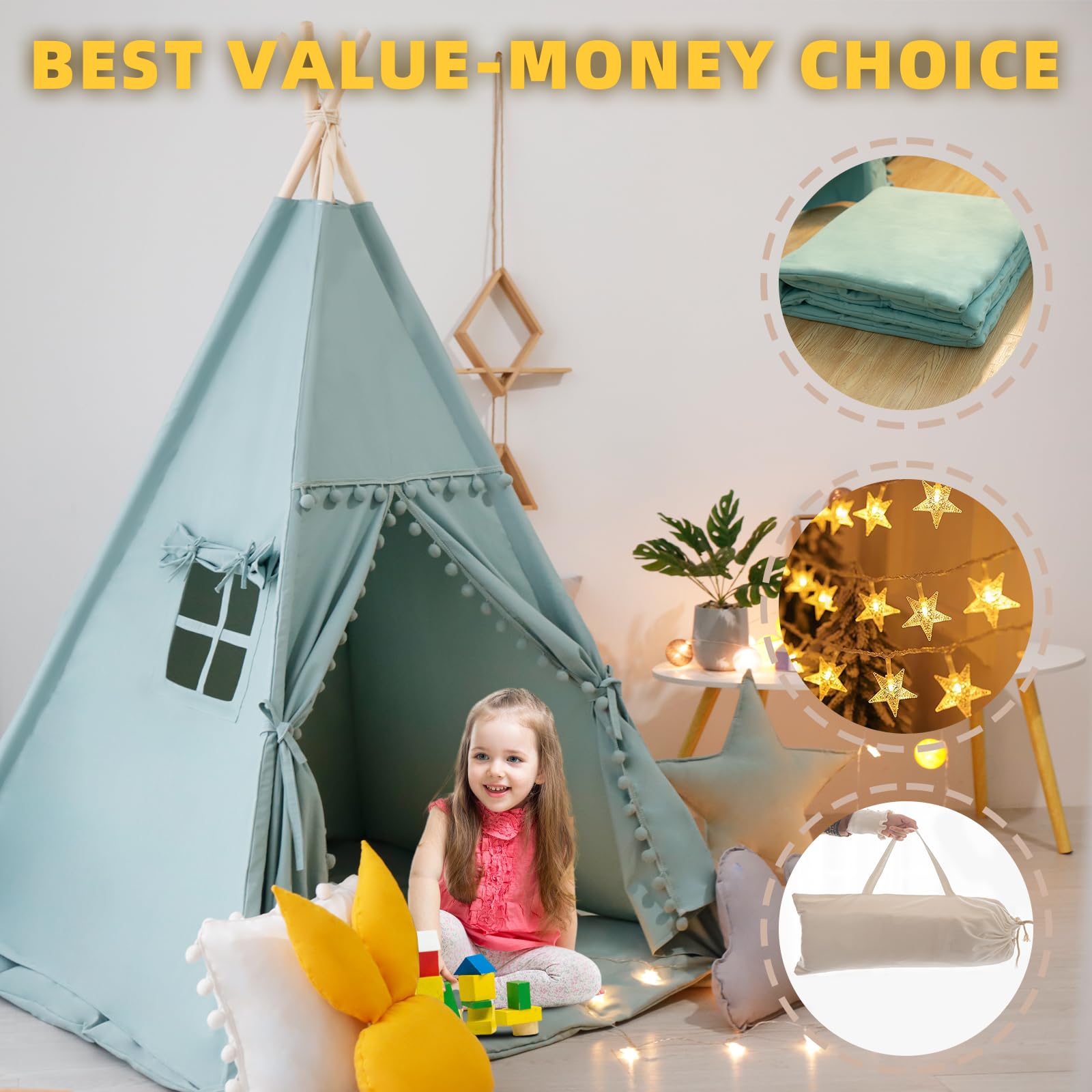 Kids Cotton Canvas Teepee Tent with Mat and Star Lights