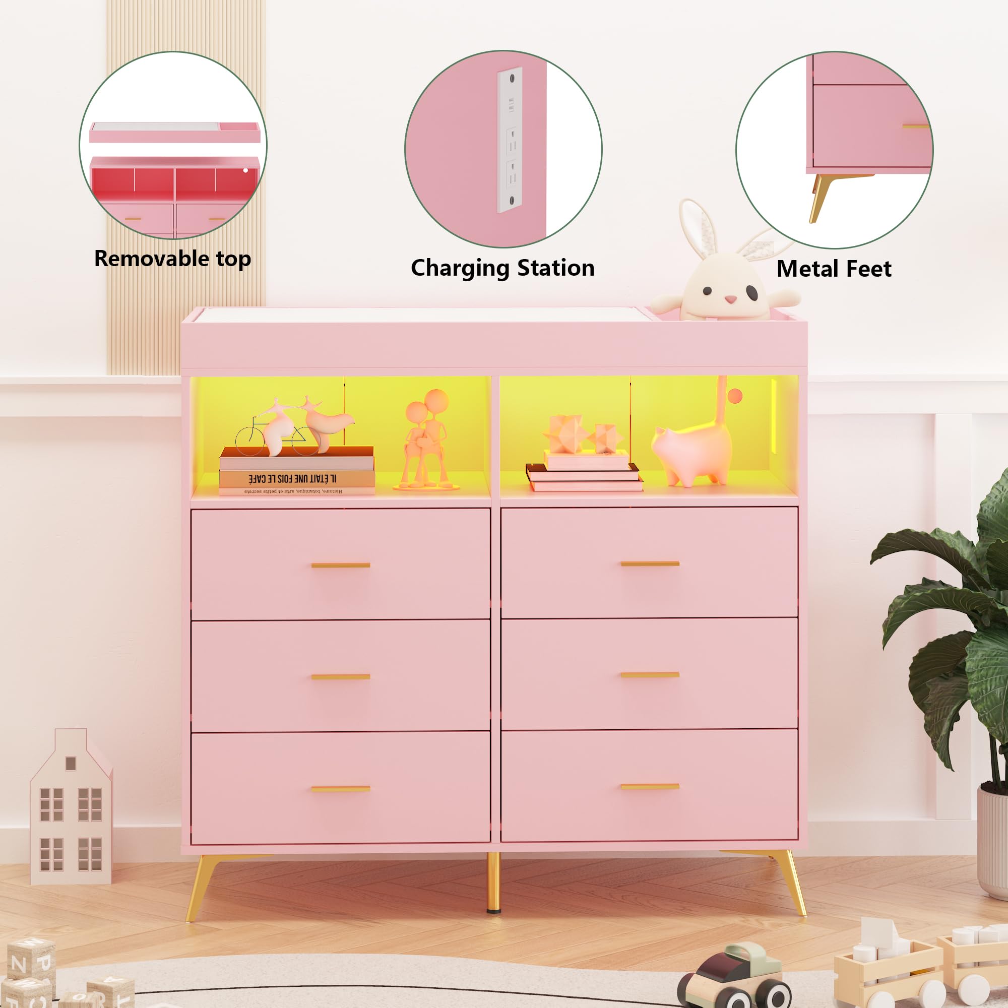 6-Drawer Baby Changing Table Dresser with LED Lights