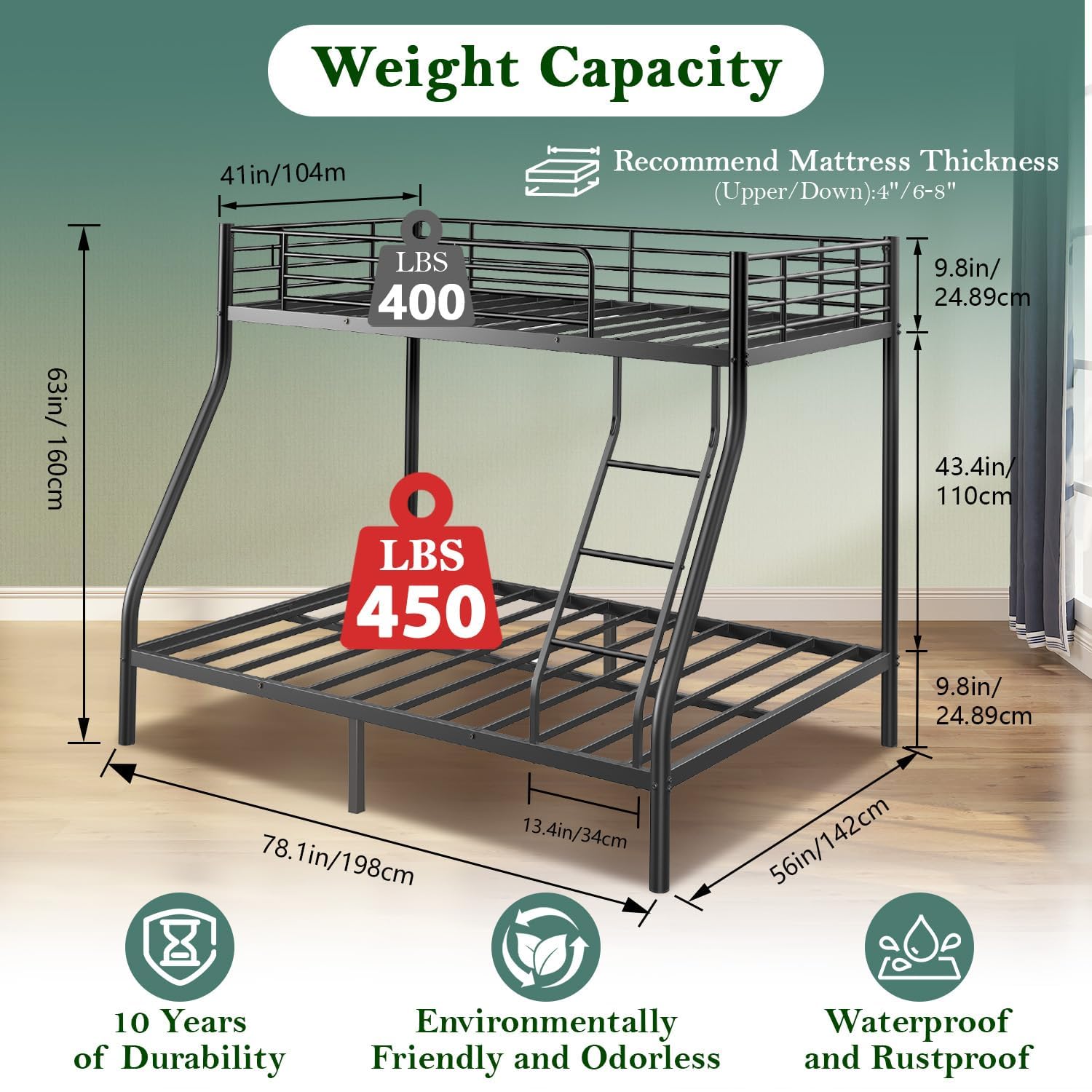 Twin Over Full Bunk Bed with Guardrail and Ladder