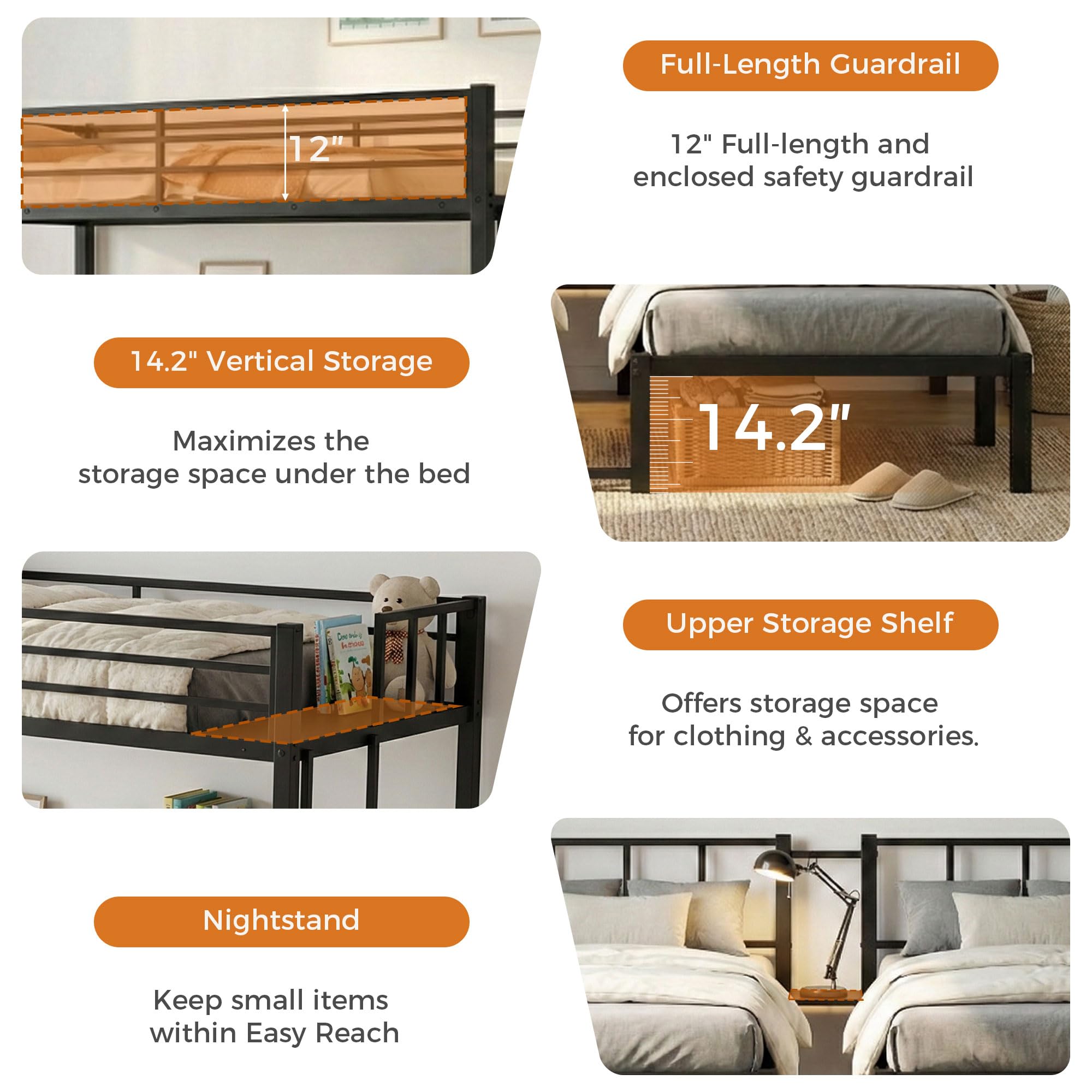 Triple Bunk Bed Metal Frame with Guardrails and Ladder
