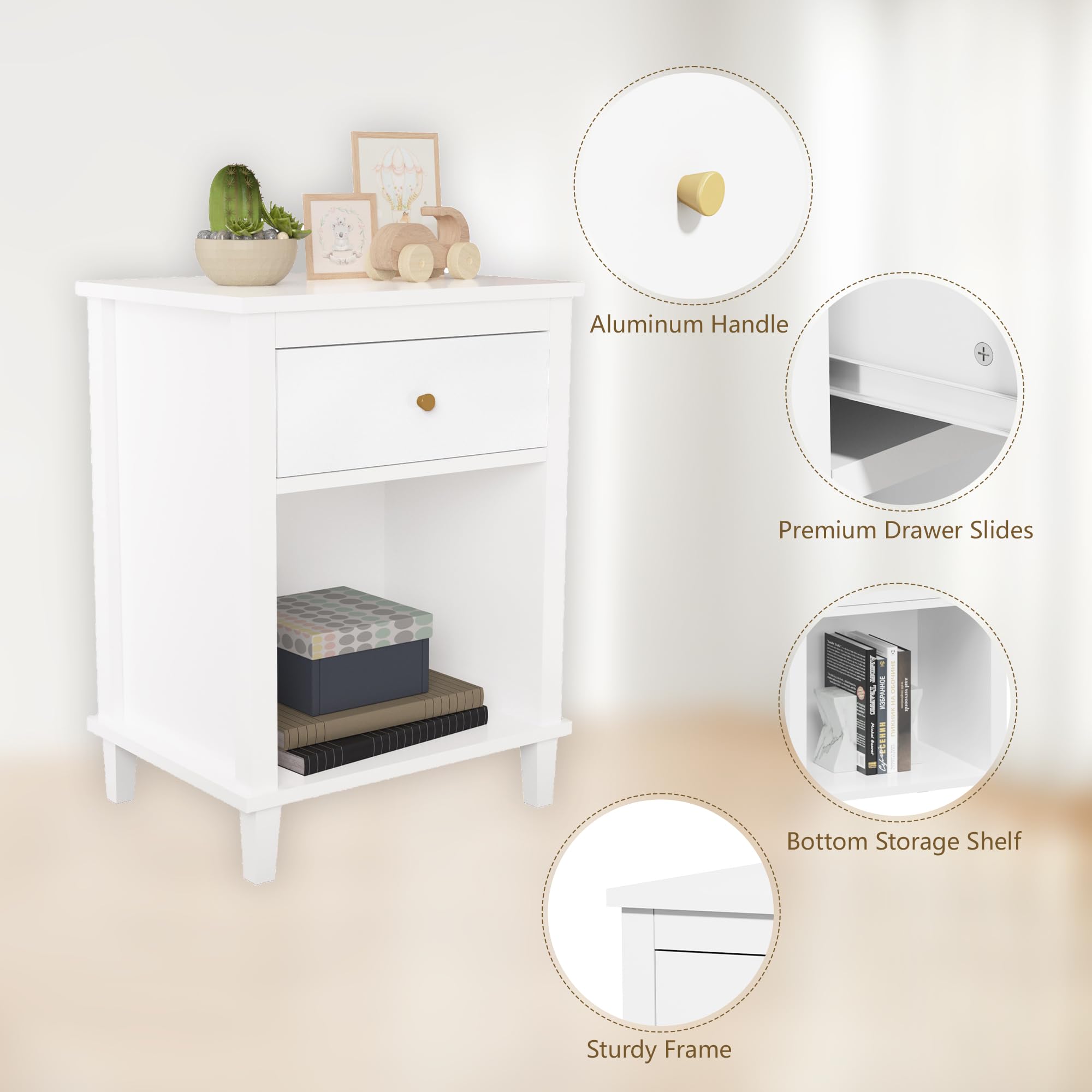 Modern Nightstand, Kids Nightstand with One Drawer, Bedside Table for Boys and Girls, Toddler Night Stand for Living Room, Bedroom, White