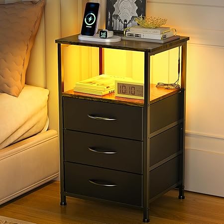 Nightstand with Drawers,White NightStand with LED Light