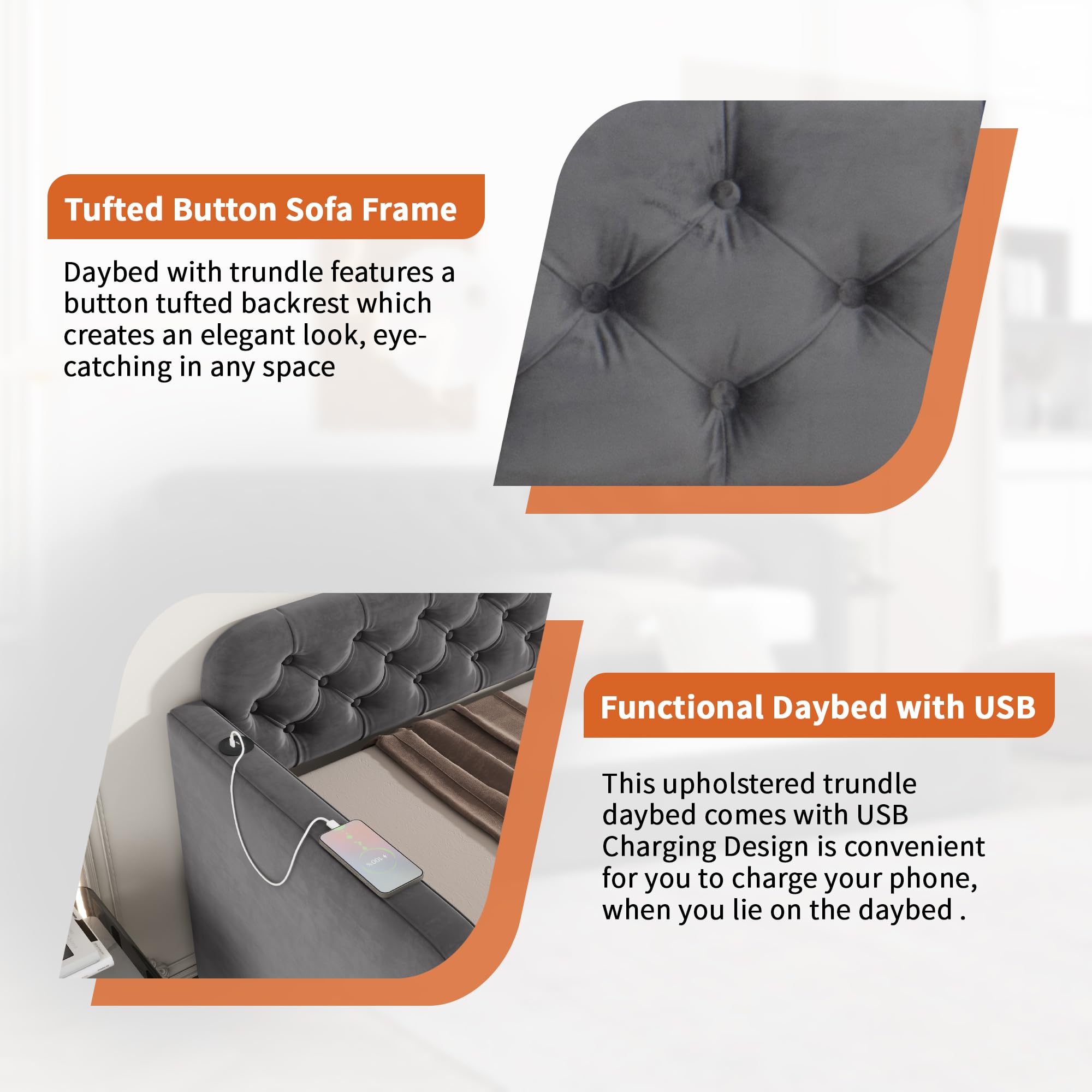 Velvet Upholstered Daybed with Trundle and USB Port