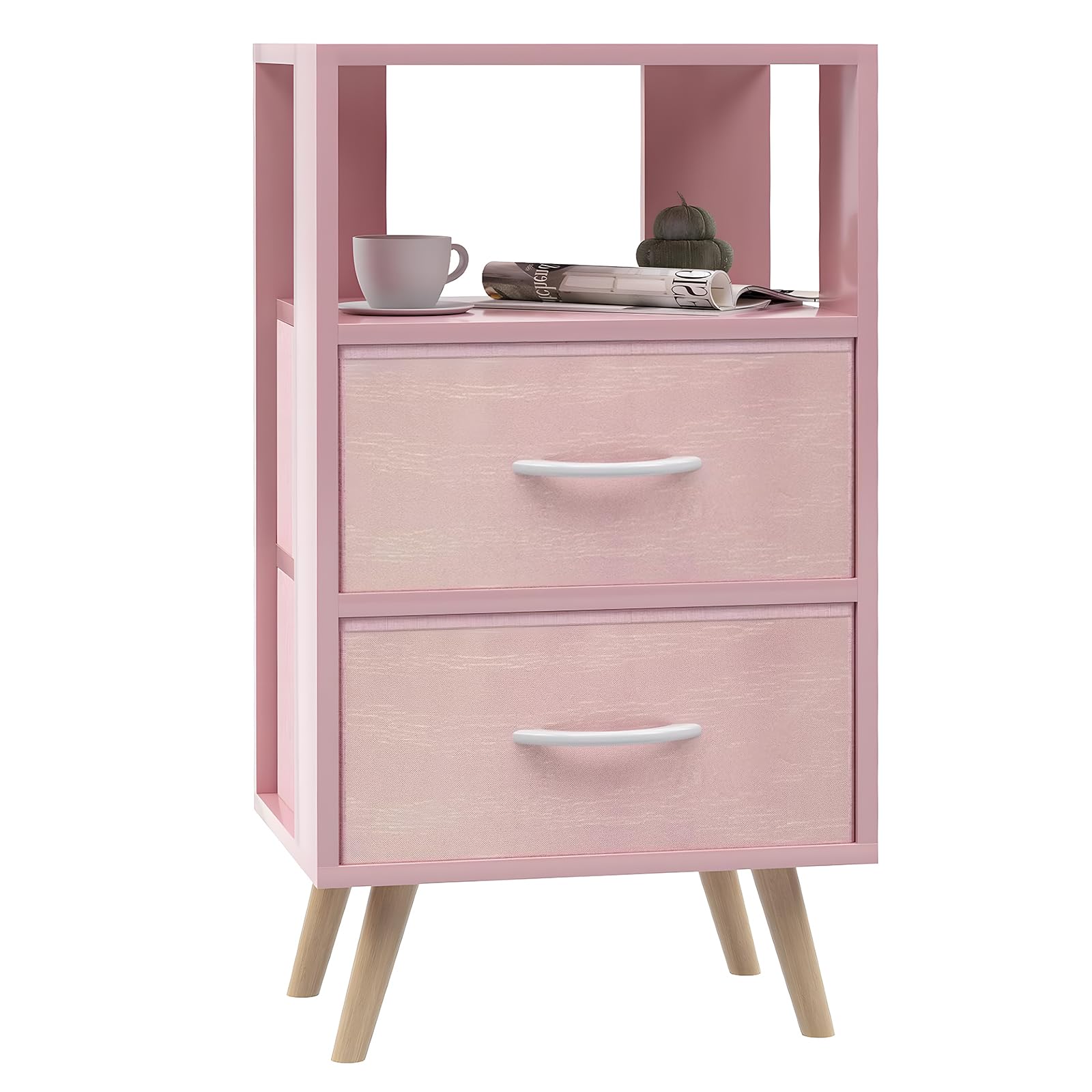 Night Stand, Pink Kids Nightstand with 2 Drawers, Nursery Side