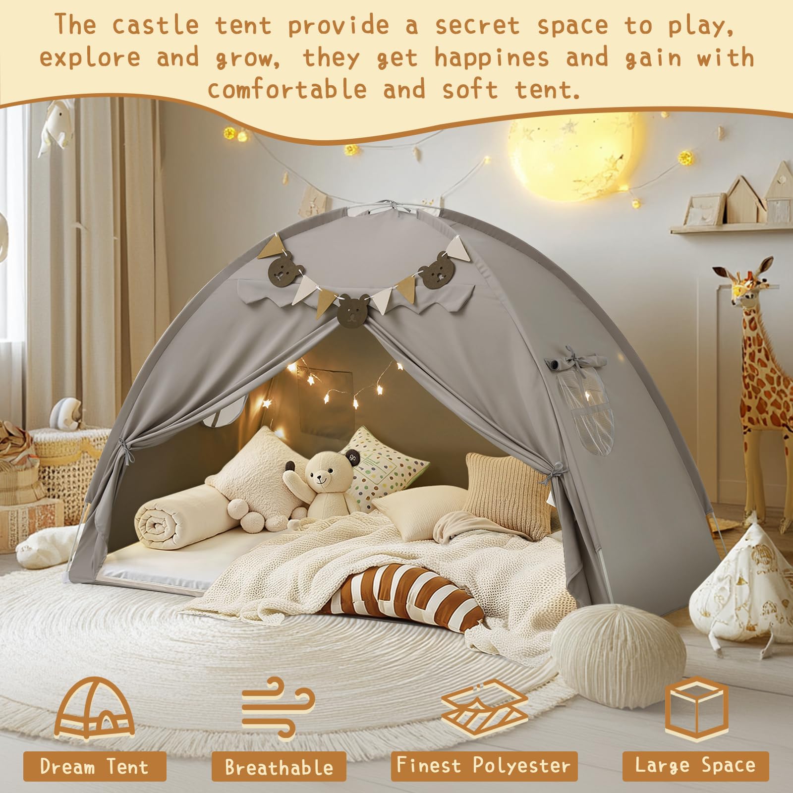 Twin Bed Tent, Bed Canopy Bunk Bed Tent with Stars Lights & Flags, Breathable Sleeping Tent, Privacy Space Dream Playhouse for Indoor Bedroom Floor, Portable Foldable Play Tent with Storage Bag, Grey