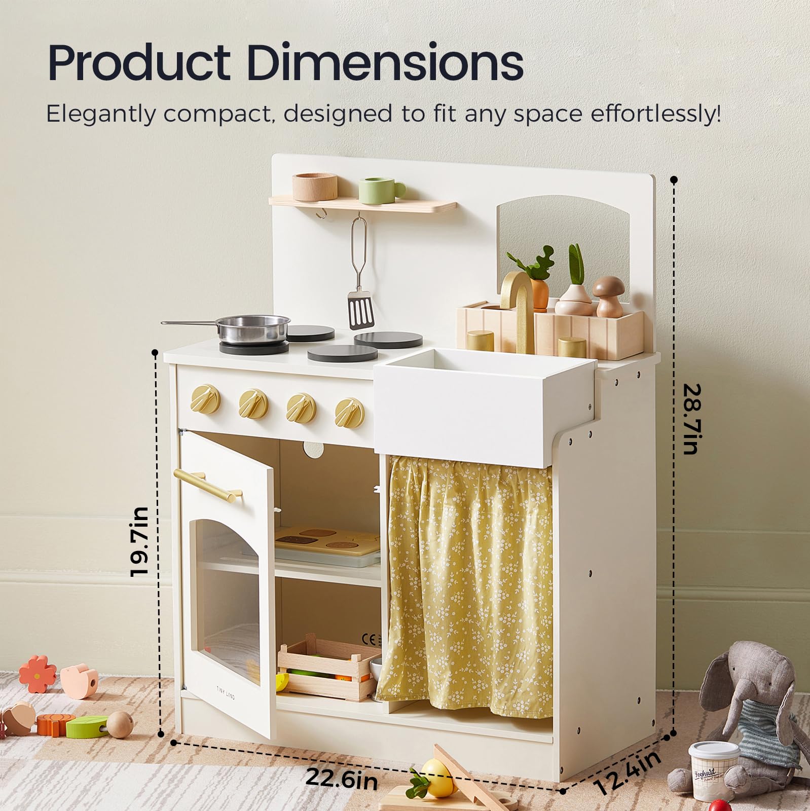 Wooden Play Kitchen for Toddlers with Cutting Food and Cookware