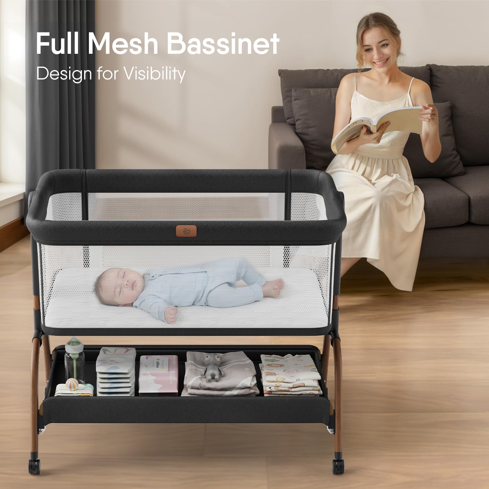 Bedside Crib, 3-in-1 Baby Bassinet Bedside Sleeper with Mattress