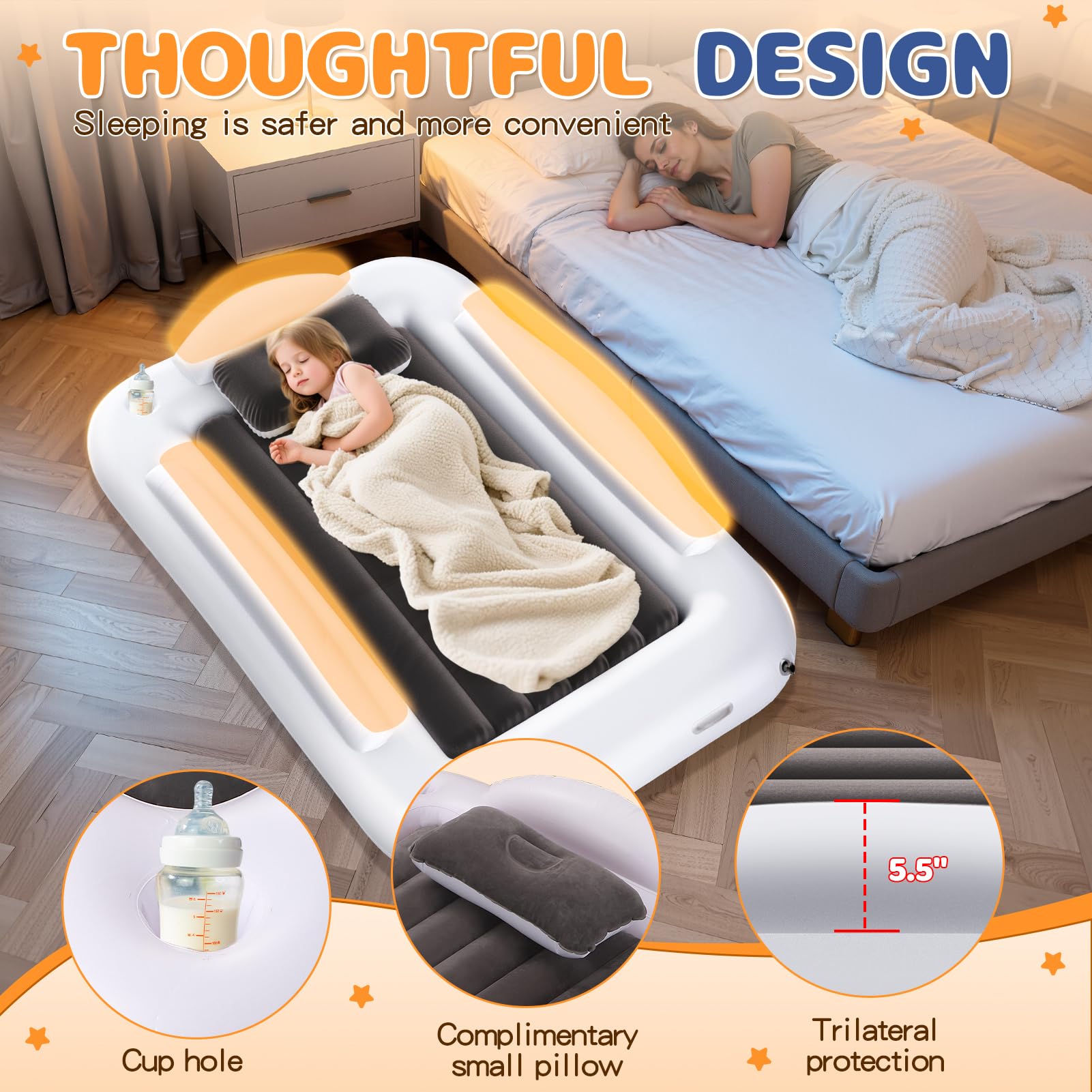Inflatable Toddler Travel Bed with Safety Bumpers