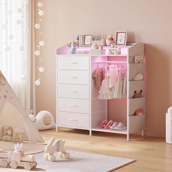 Modern 5 Dresser with LED Hanging Rack, Dresser with Clothes Rack