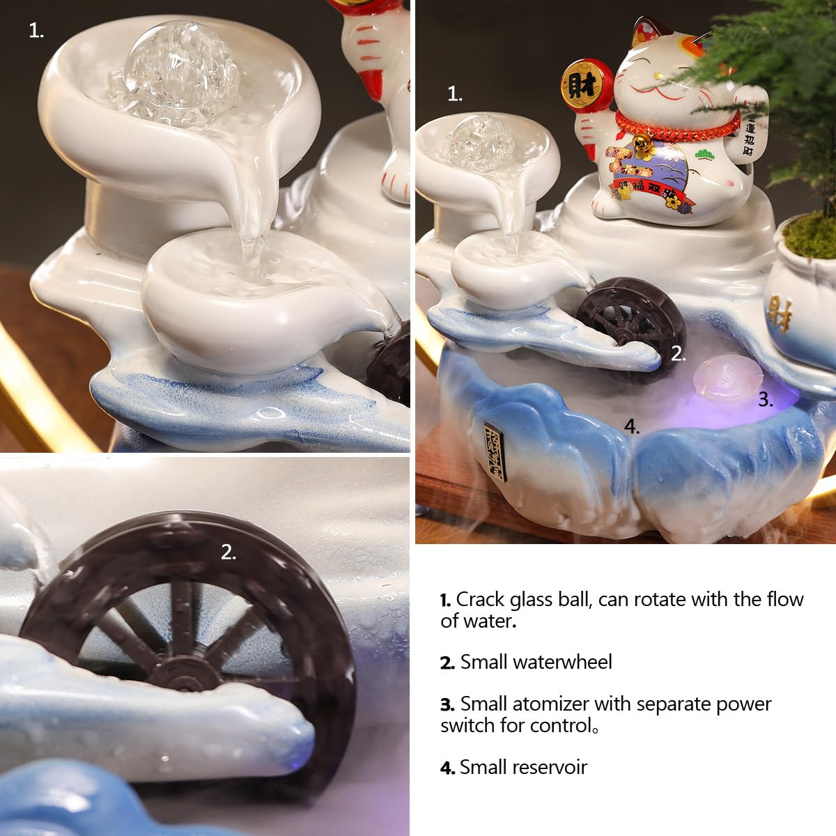 Indoor Tabletop Waterfall Fountain with Lucky Cat LED Light