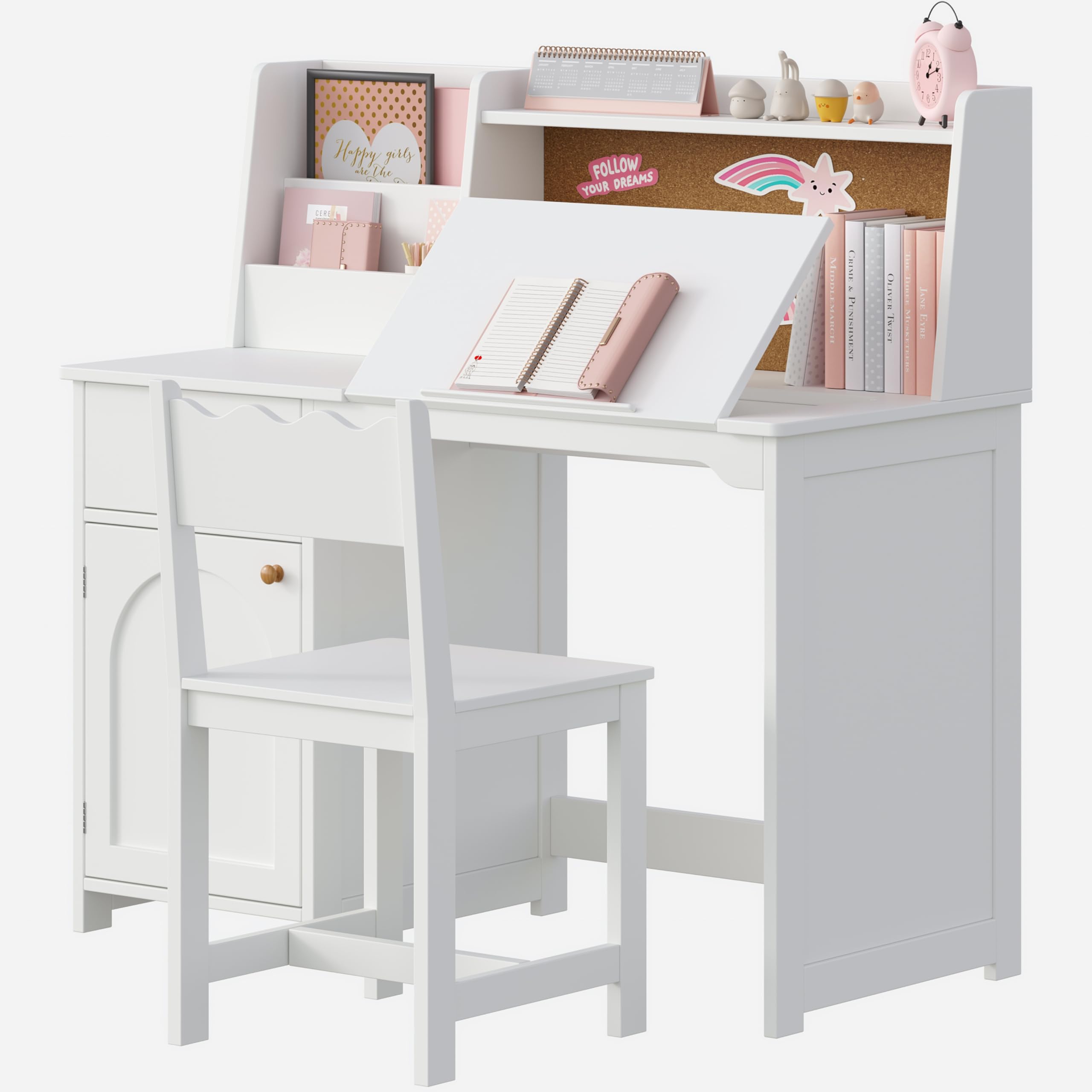 Kids Study Desk and Chair Set, Kids Desks with Hutch and Tiltable