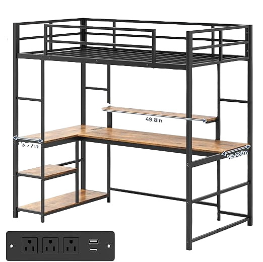 Twin Loft Bed with Large L Shape Desk and LED Lights