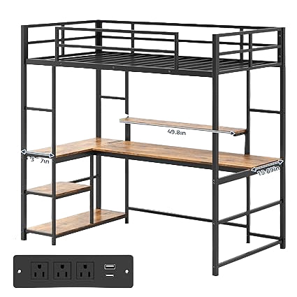 Twin Loft Bed with Large Desk and LED Lights, Space-Saving Bed for Teens