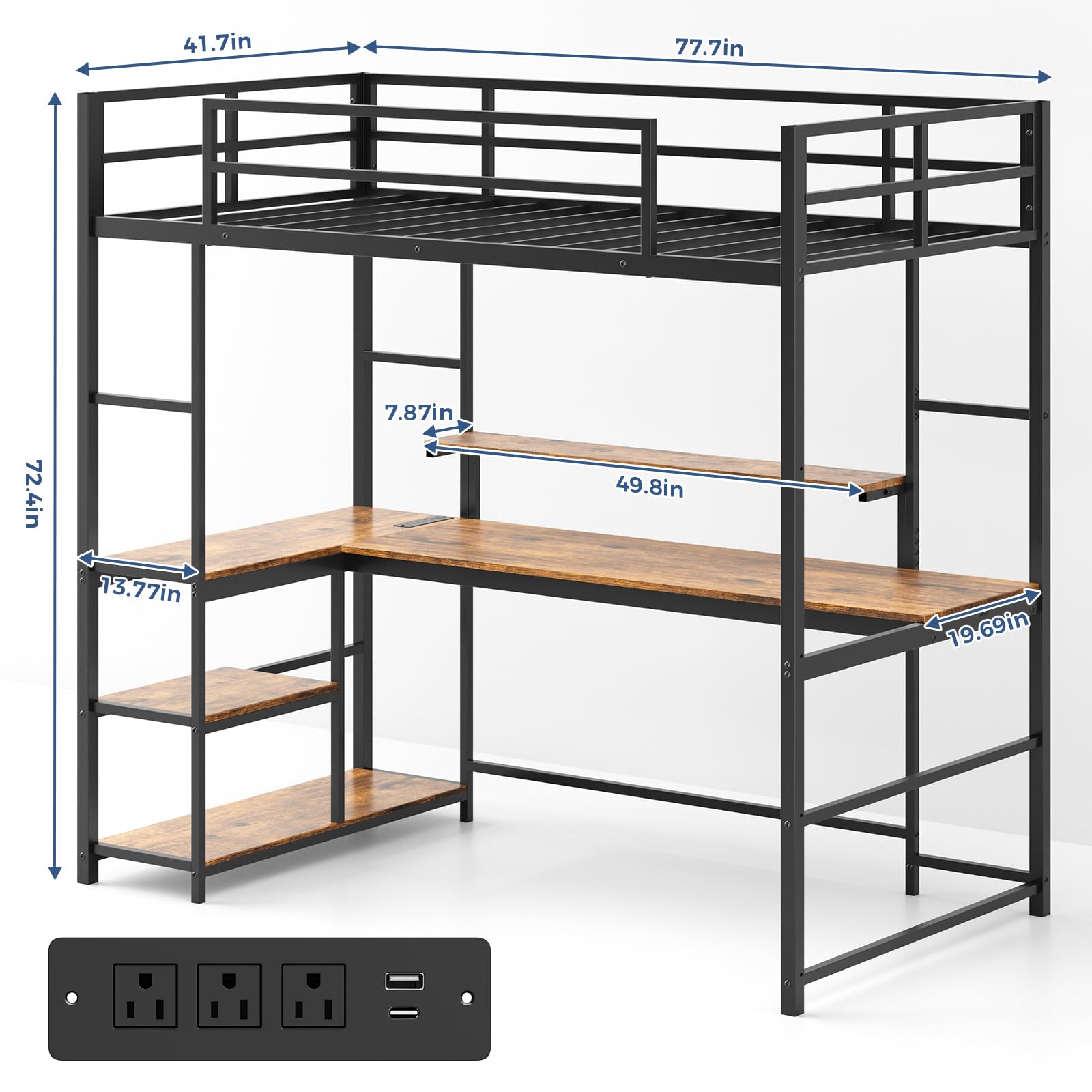 Twin Loft Bed with Large Desk and LED Lights