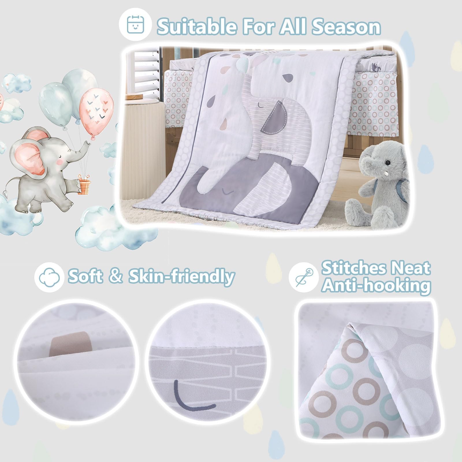 Elephant Crib Bedding Set for Boys Gray 3 Piece