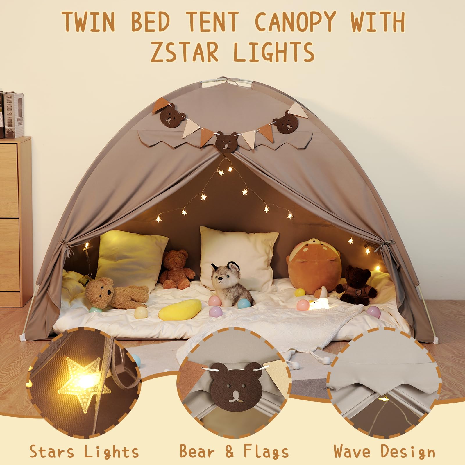 Twin Bed Tent, Bed Canopy Bunk Bed Tent with Stars Lights & Flags, Breathable Sleeping Tent, Privacy Space Dream Playhouse for Indoor Bedroom Floor, Portable Foldable Play Tent with Storage Bag, Grey