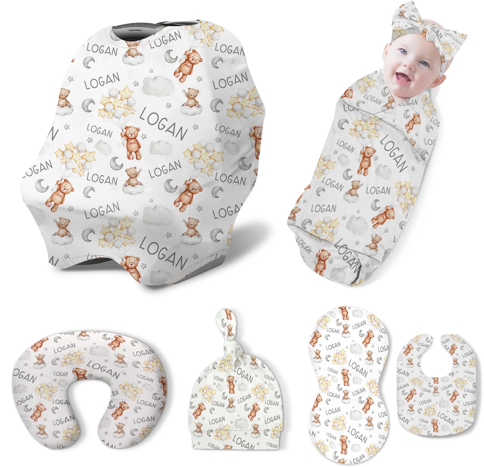 Custom Baby Nursing Swaddling Set with Personalized Name Blanket and Accessories