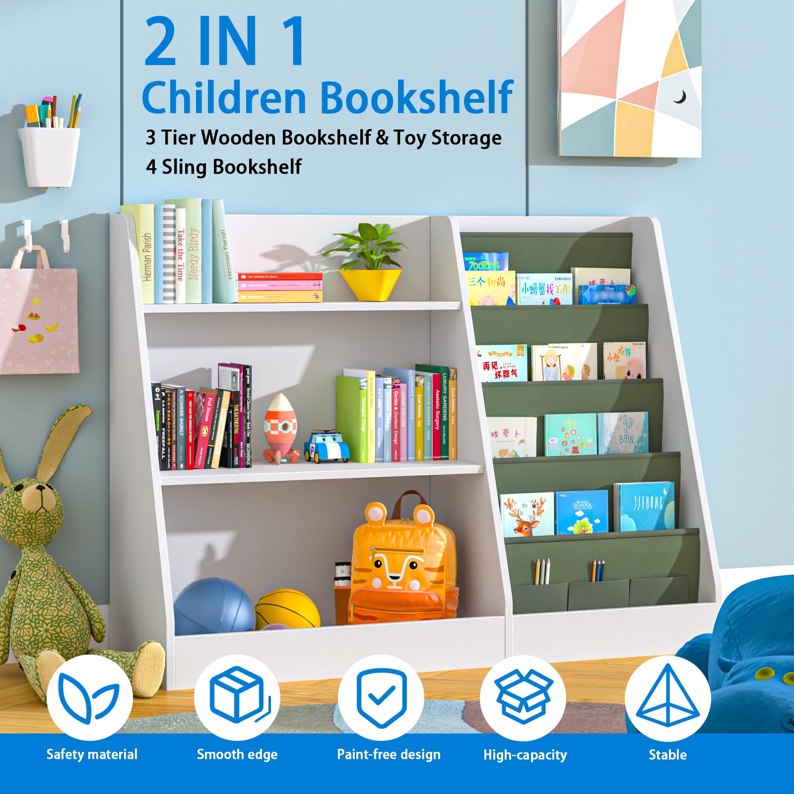 3-Tier Kids Bookshelf with Storage Bags