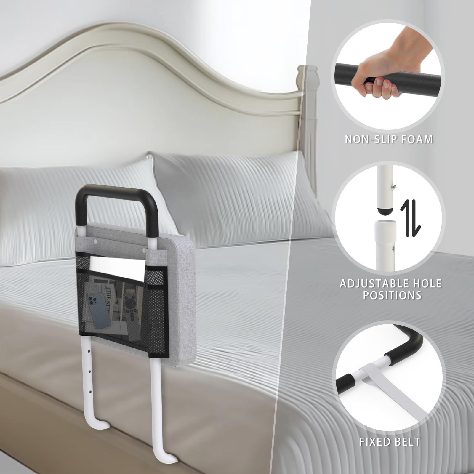 Padded Bed Rails for Elderly Adults with Storage Pocket
