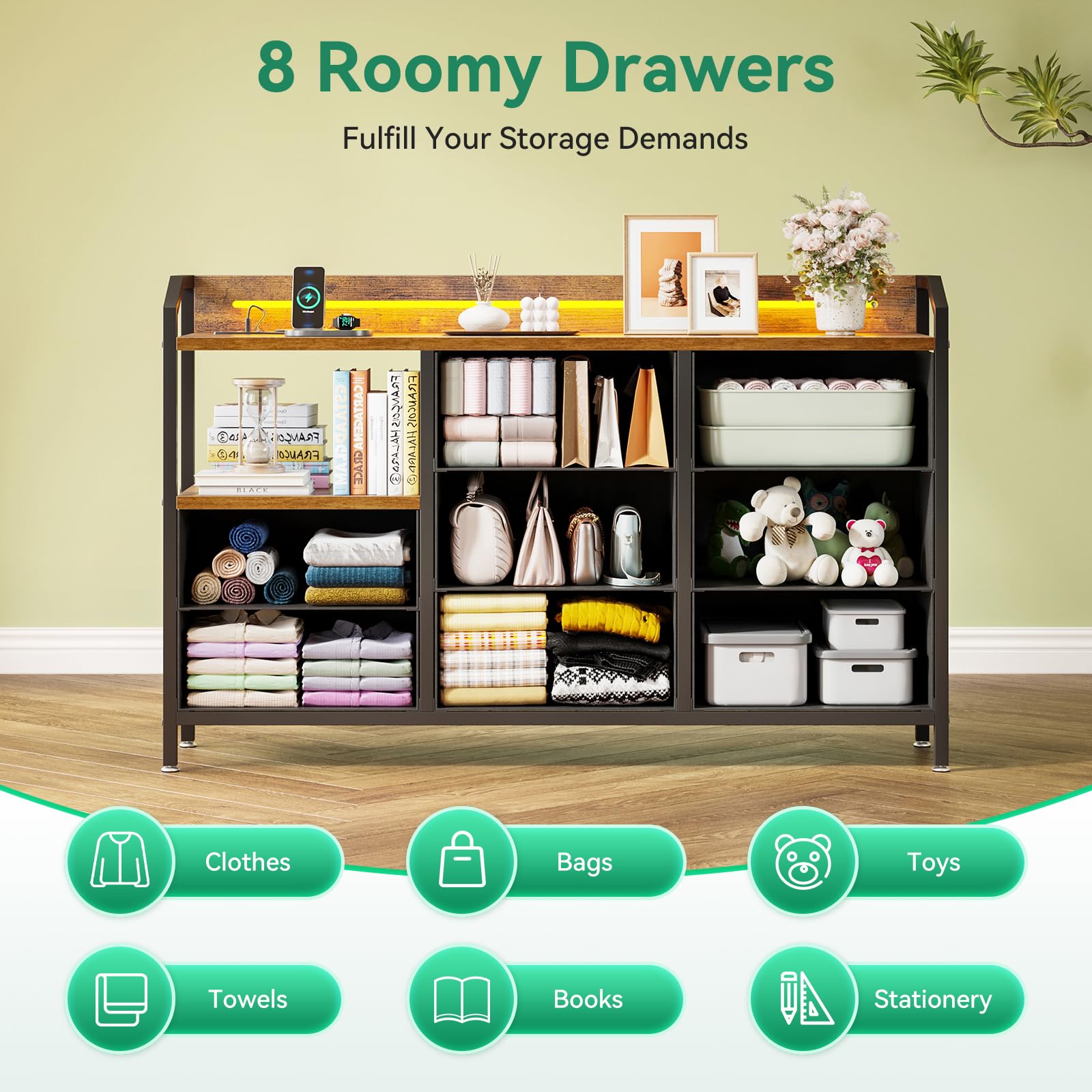 8-Drawer Dresser with LED Lighting & Power Outlets