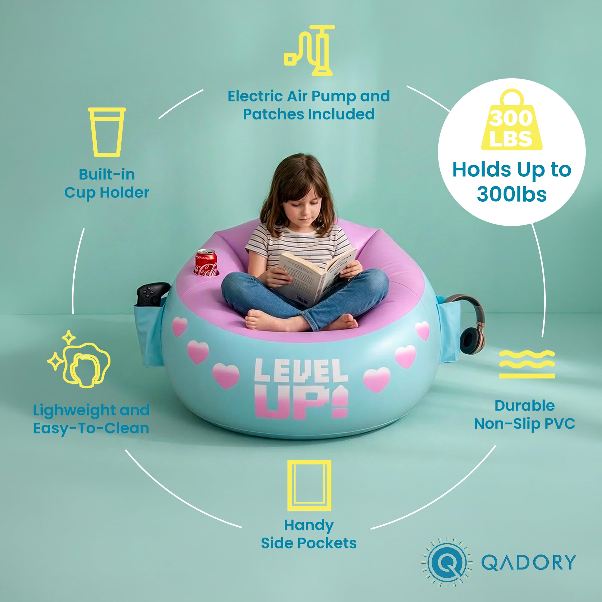 Inflatable Gaming Chair for Kids with Cup Holder and Storage Pockets
