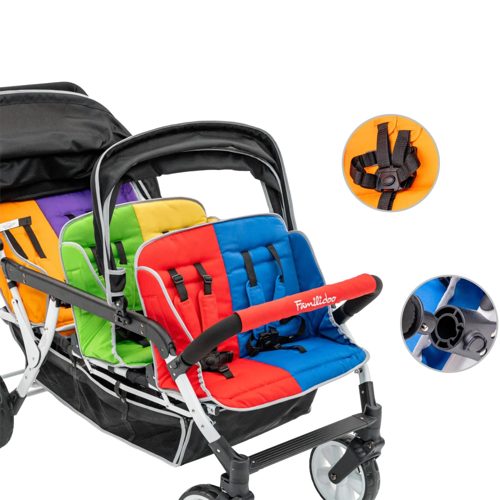6-Seat Tandem Stroller with Double Canopy and Safety Harness