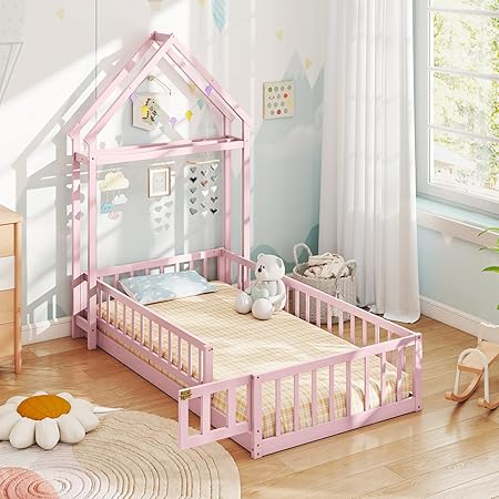 Twin House Floor Bed for Kids, Wood Montessori Bed Frame