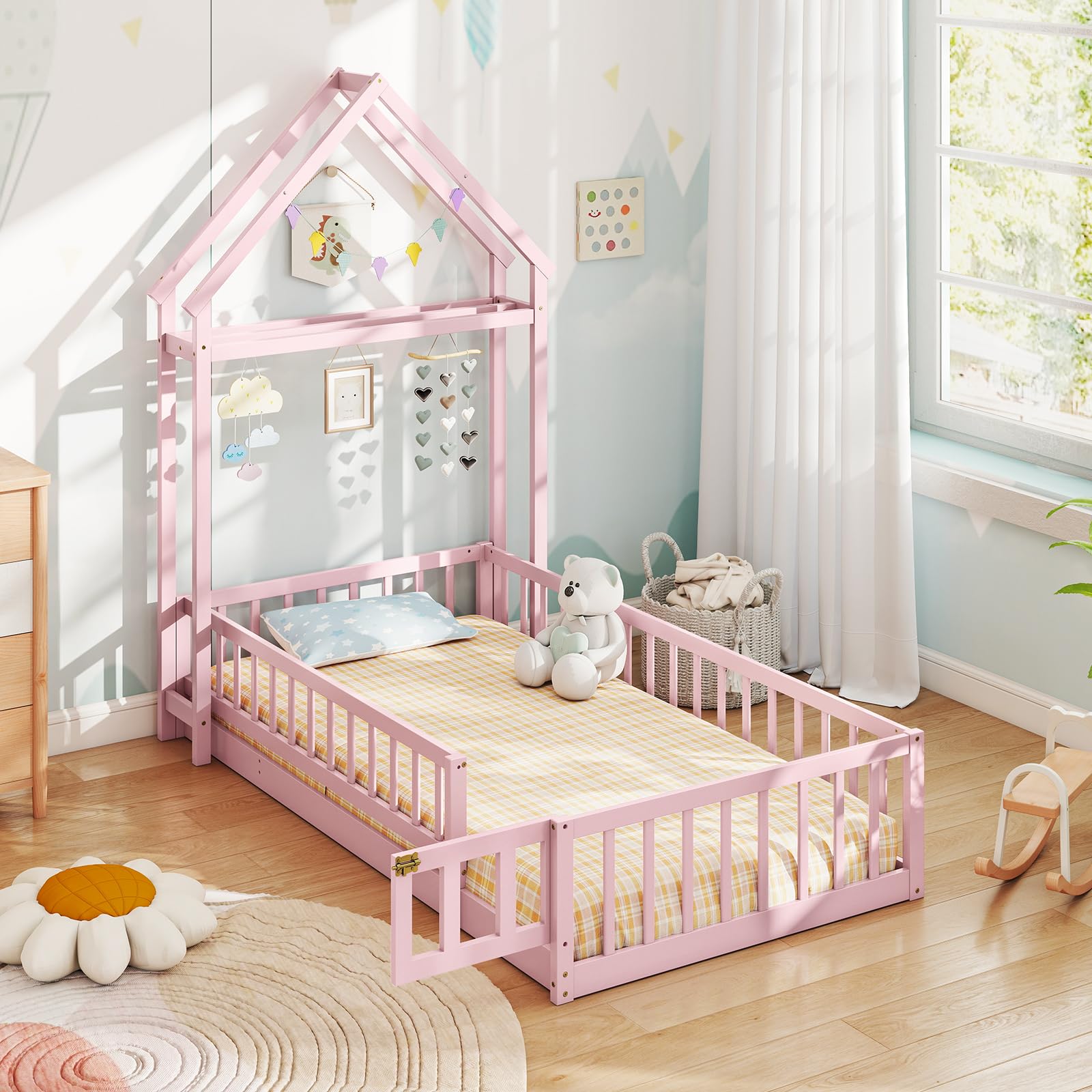 Twin House Floor Bed for Kids with Safety Rails