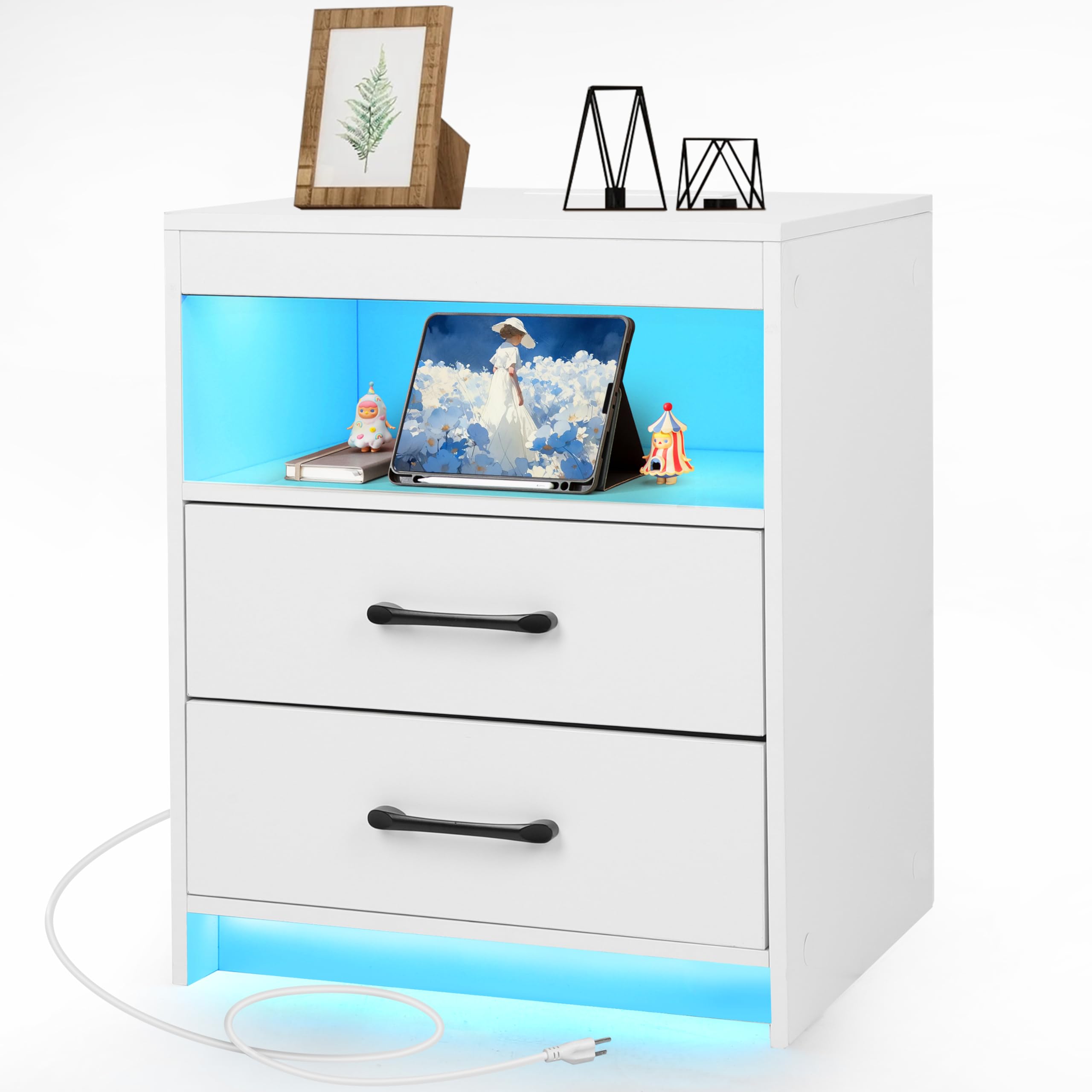 Nightstand with Charging Station and LED Lights