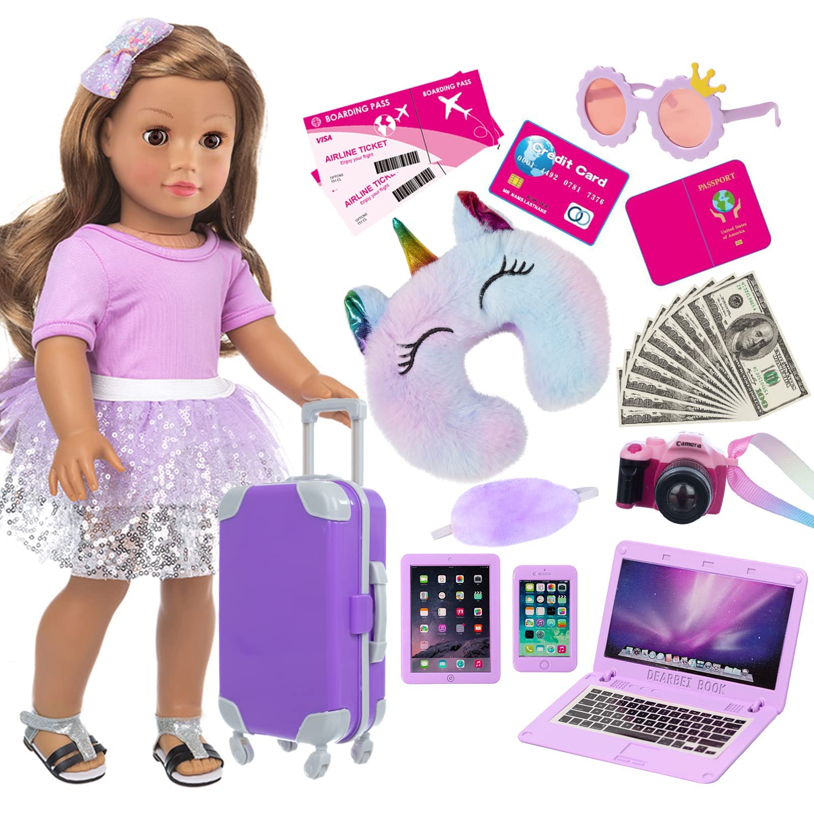 American 18 Inch Doll Travel Suitcase Play Set with 18 Inch Doll Clothes and Accessories