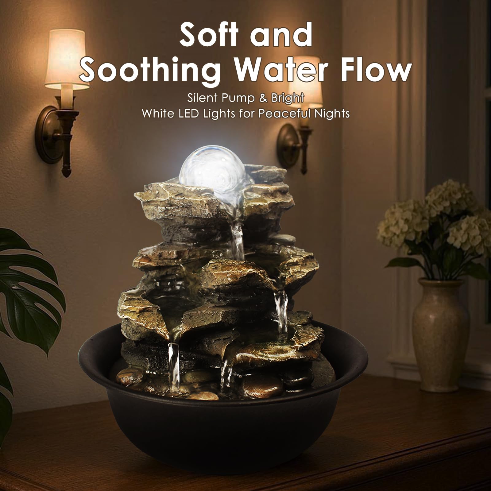 Spinning Orb Rock Cascading Tabletop Fountain with LED Light