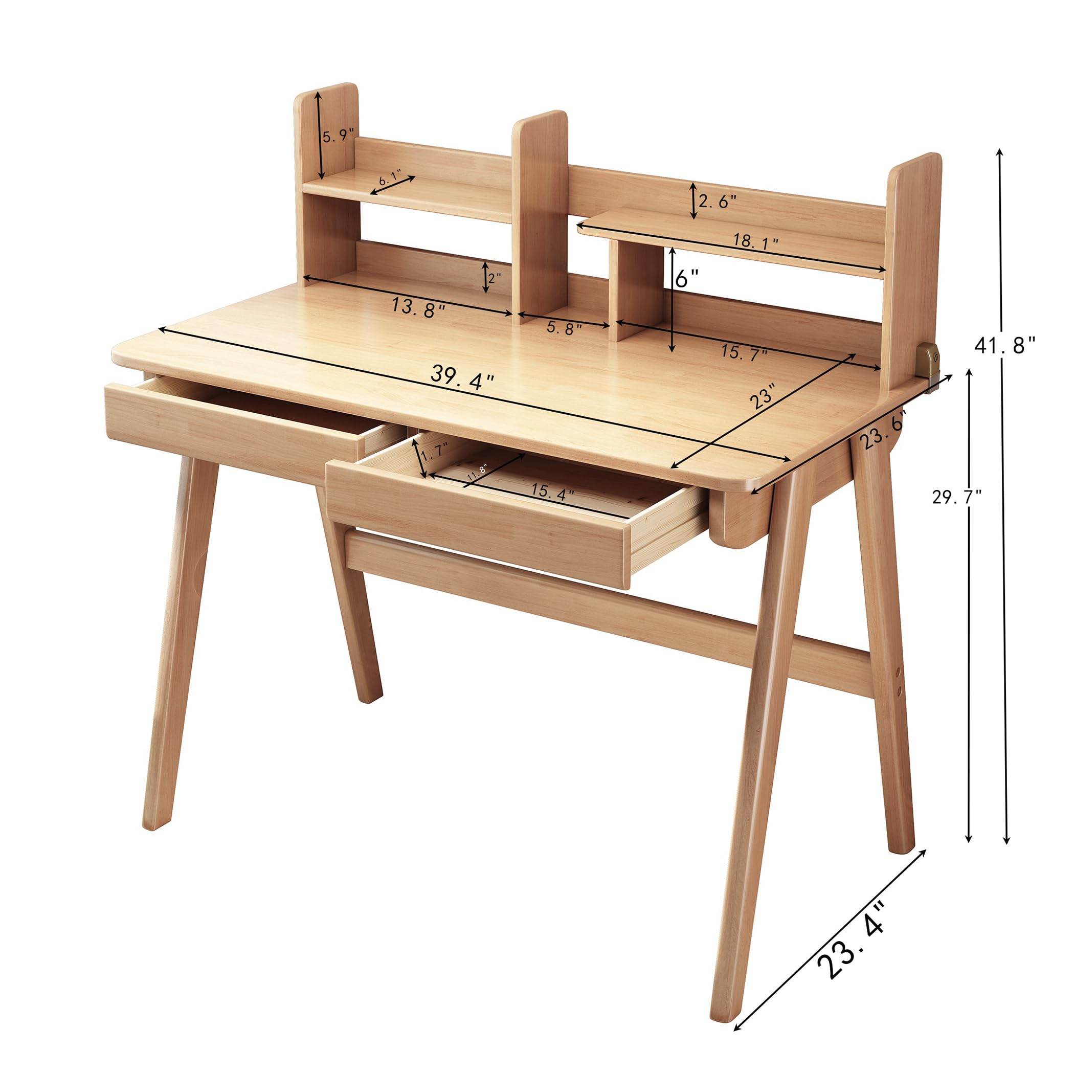 Rubber Wood Kids Study Desk with Bookshelf and Drawers