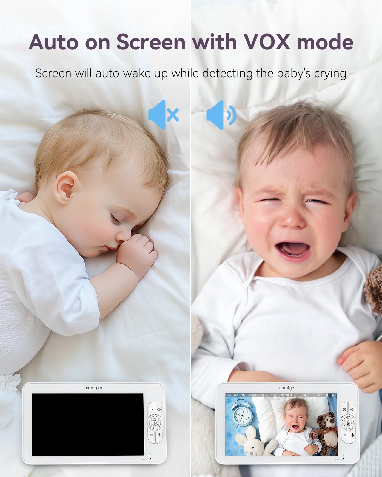 Comfyer 7" Split-Screen Baby Monitor with 2 1080P Cameras, 720P HD No WiFi Monitor with a Flexible Bracket, Video Baby Monitor with Camera and Audio, 2 Way Audio, Remote PTZ, Auto Night Vision
