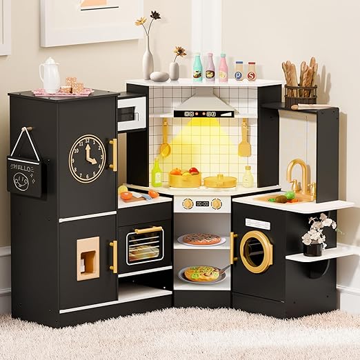 Coner Wooden Play Kitchen with Real Lights & Sounds, Trendy Home Style Kitchen Playset